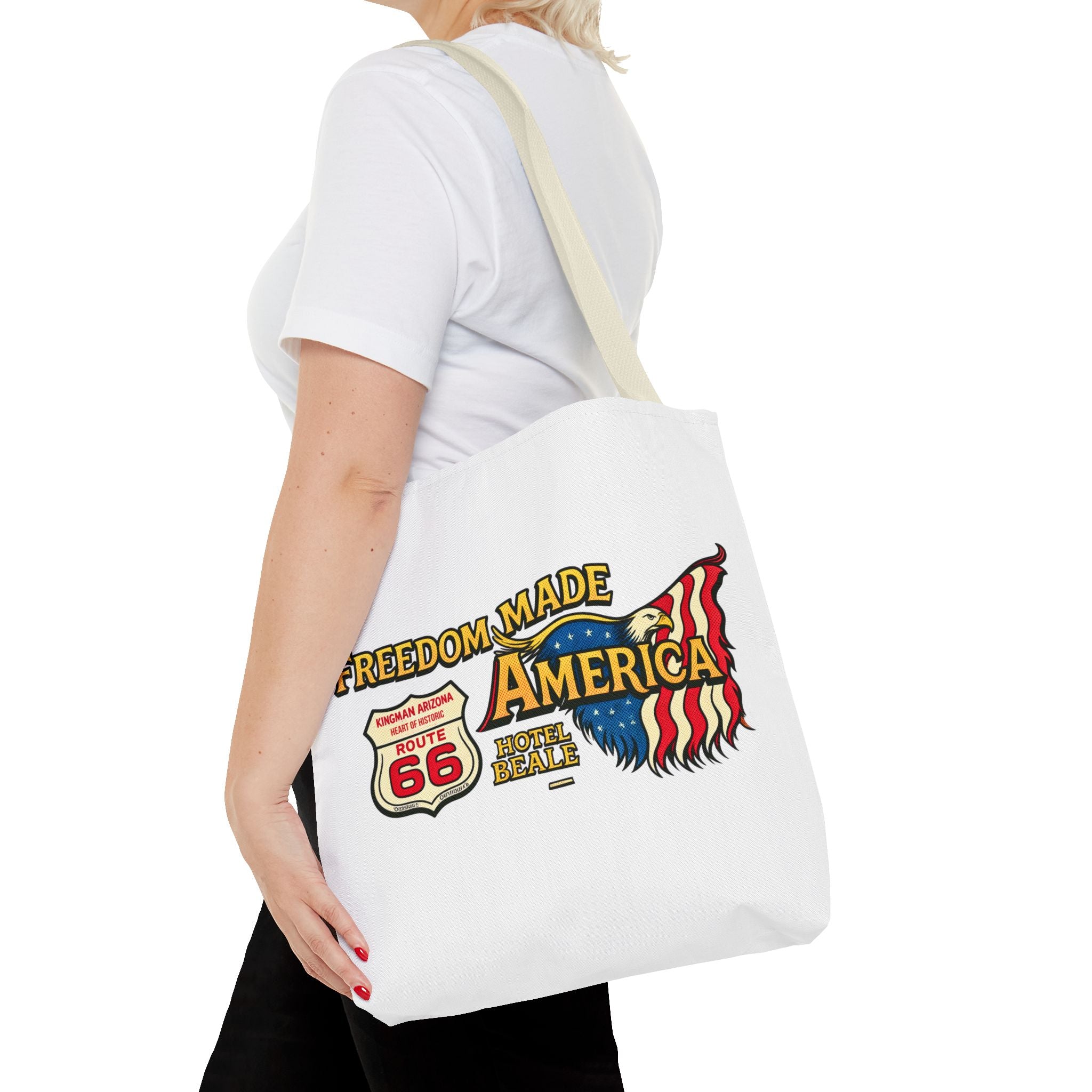 Freedom Made America Tote Bag | Route 66 Flag Graphic