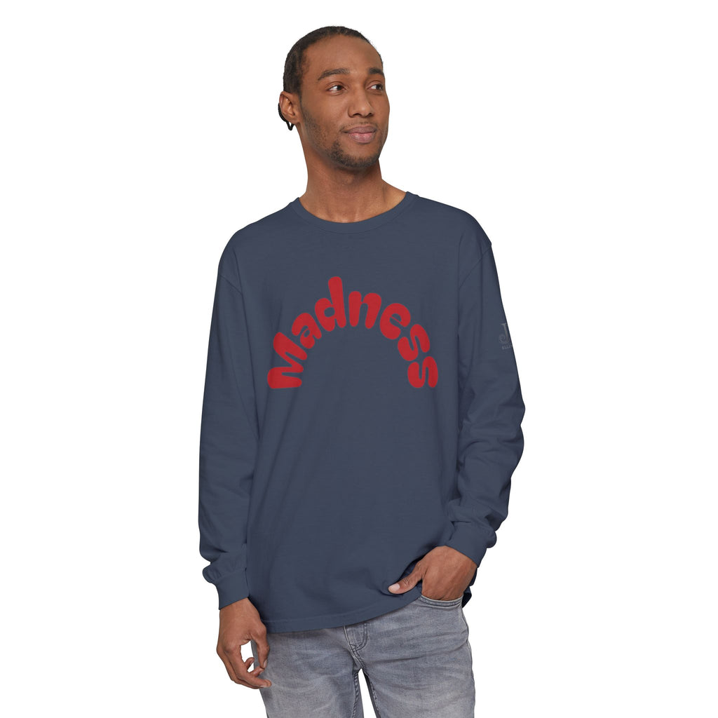 Madness Arch Logo long sleeve tee | White shirt with red retro text