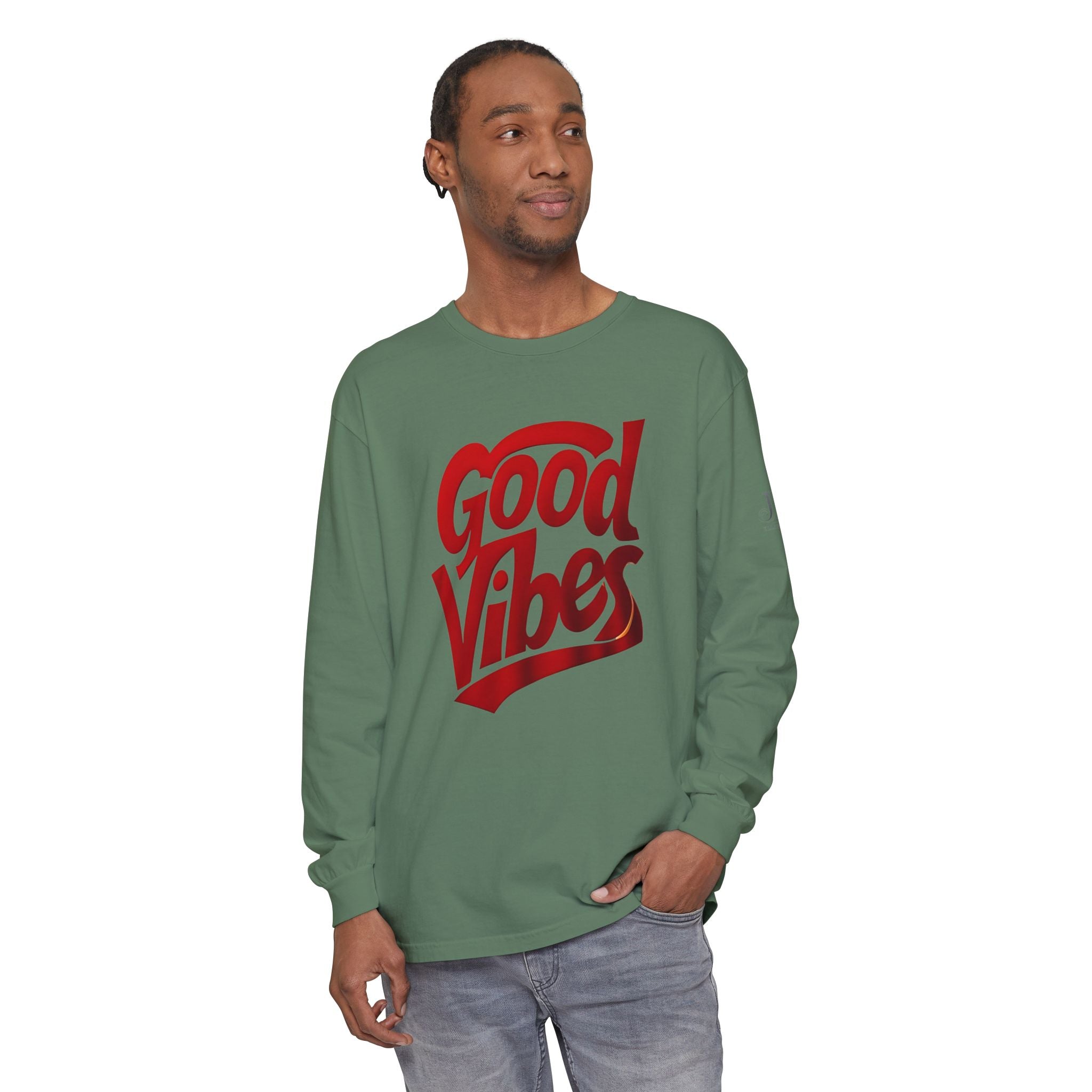 Good Vibes script graphic Long Sleeve Tee | White, Red lettering