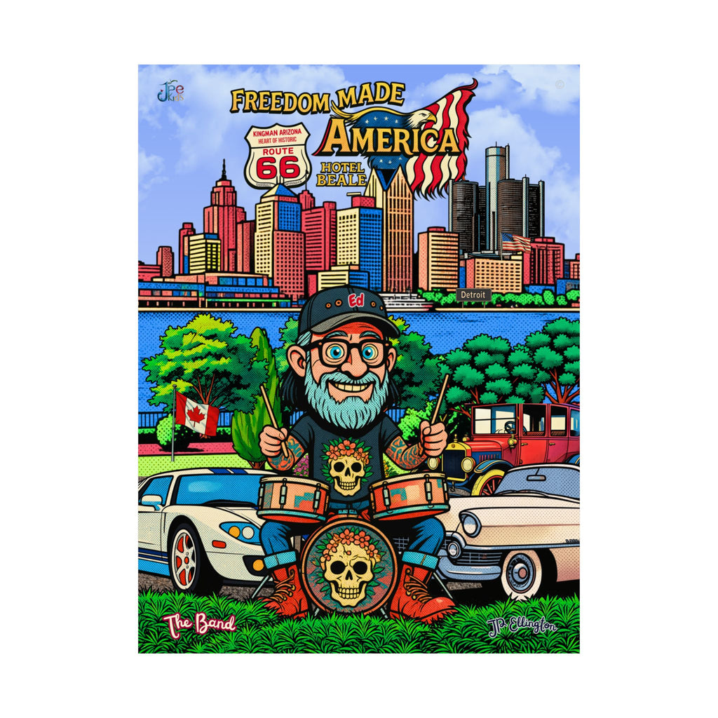 Freedom Made America poster Matte Vertical Poster |Detroit skyline, classic cars
