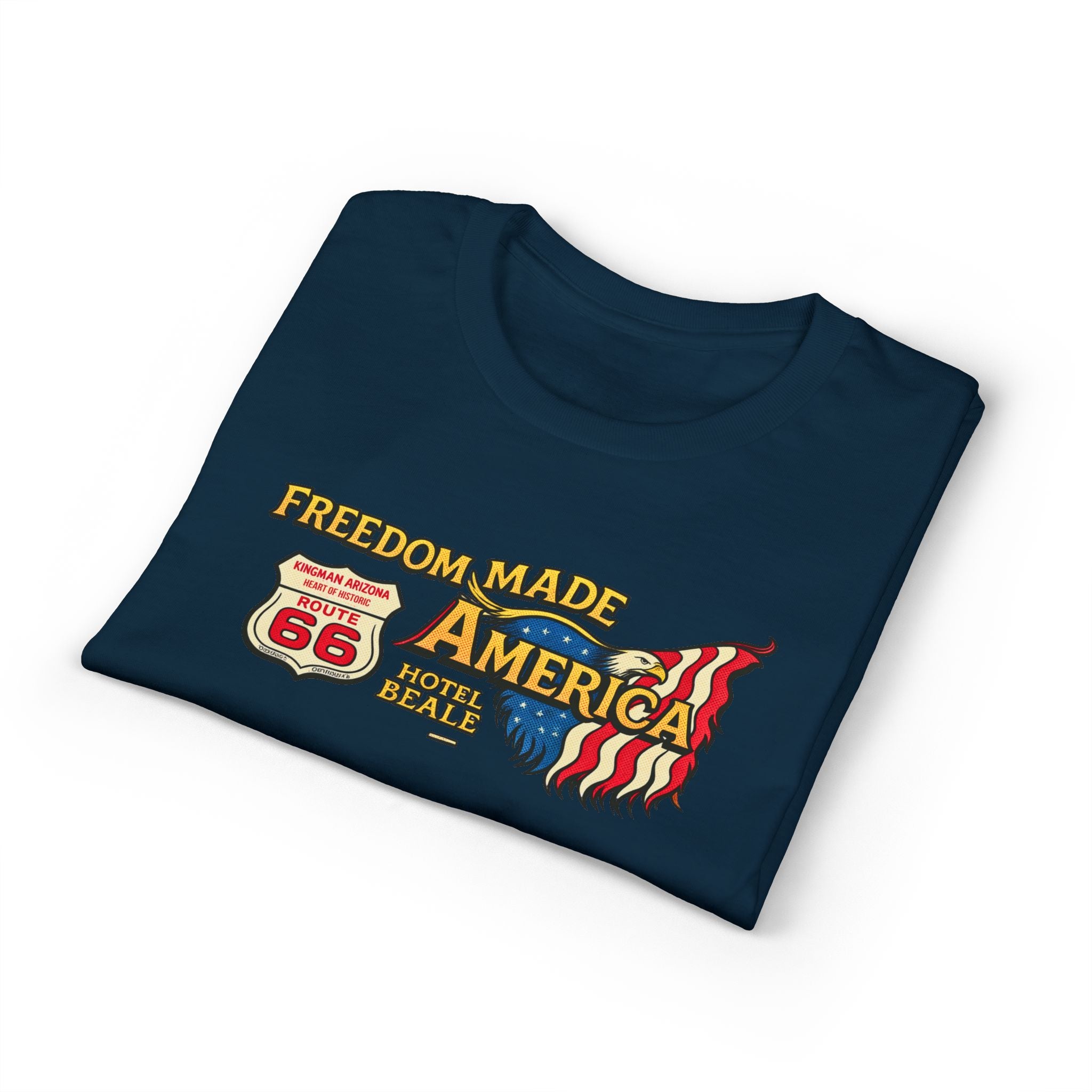 Freedom Made America Route 66 Map T-Shirt | American Flag Roadside Graphic