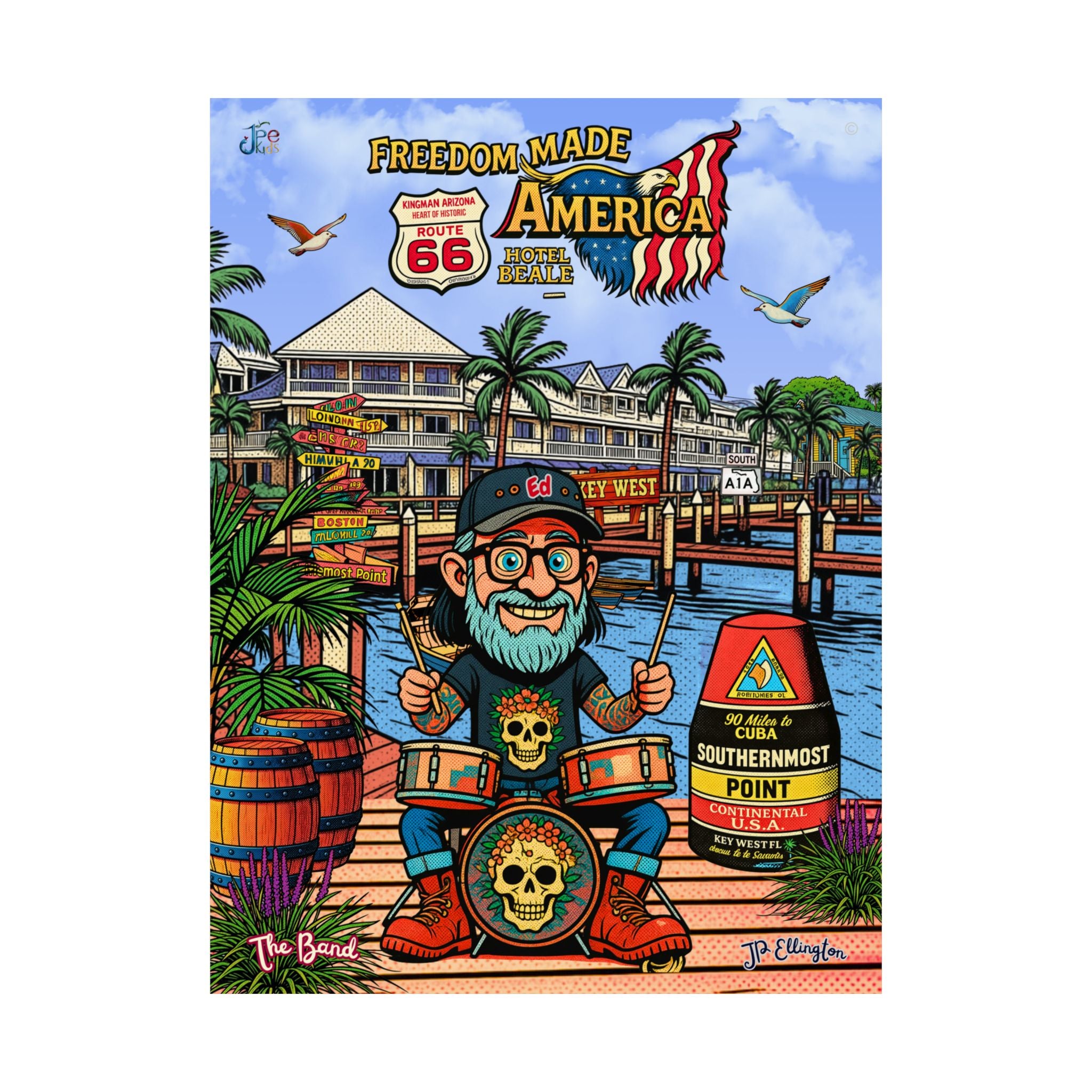 Freedom Made America Poster | Route 66, Key West beach illustration