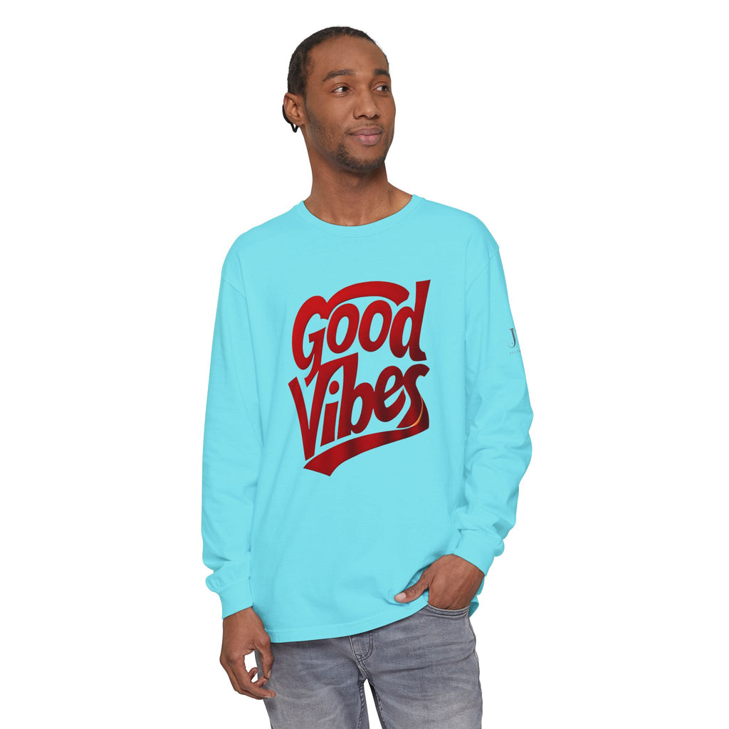 Good Vibes script graphic Long Sleeve Tee | White, Red lettering