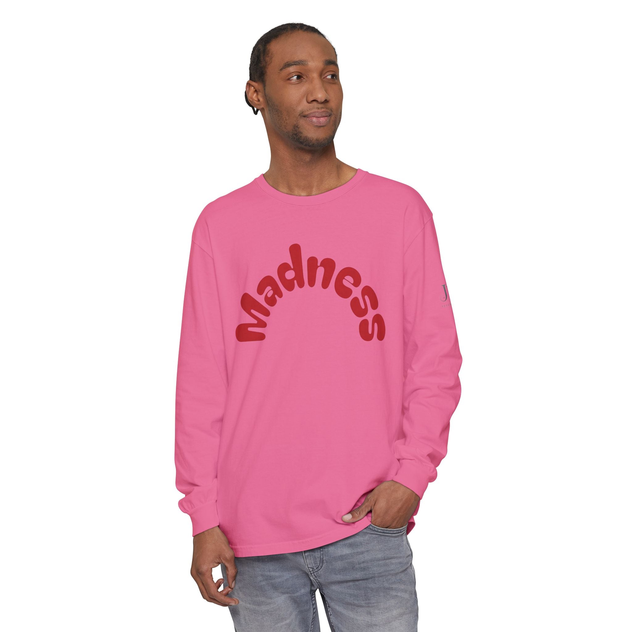 Madness Arch Logo long sleeve tee | White shirt with red retro text