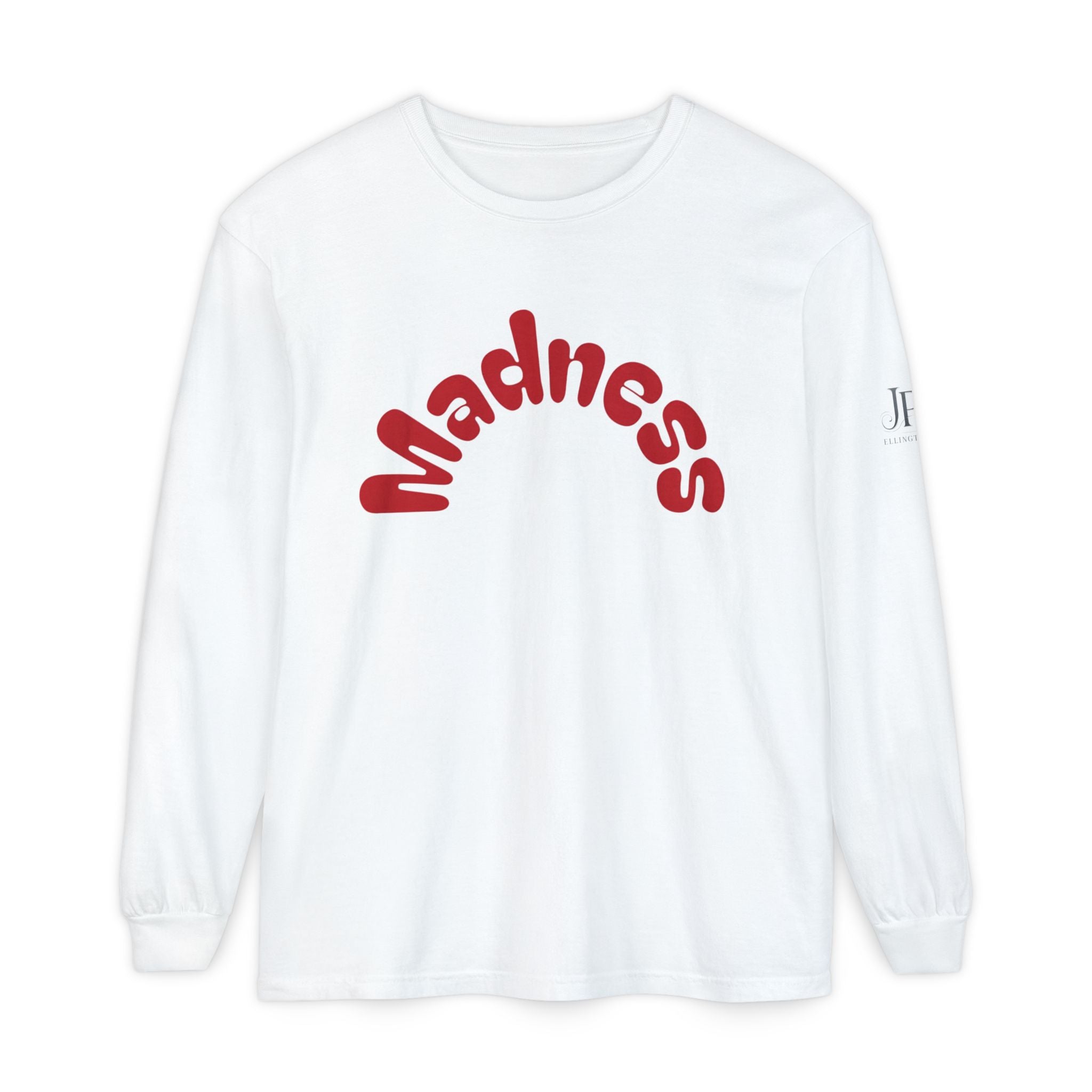 Madness Arch Logo Langarmshirt | Weißes Shirt mit rotem Retro-Text