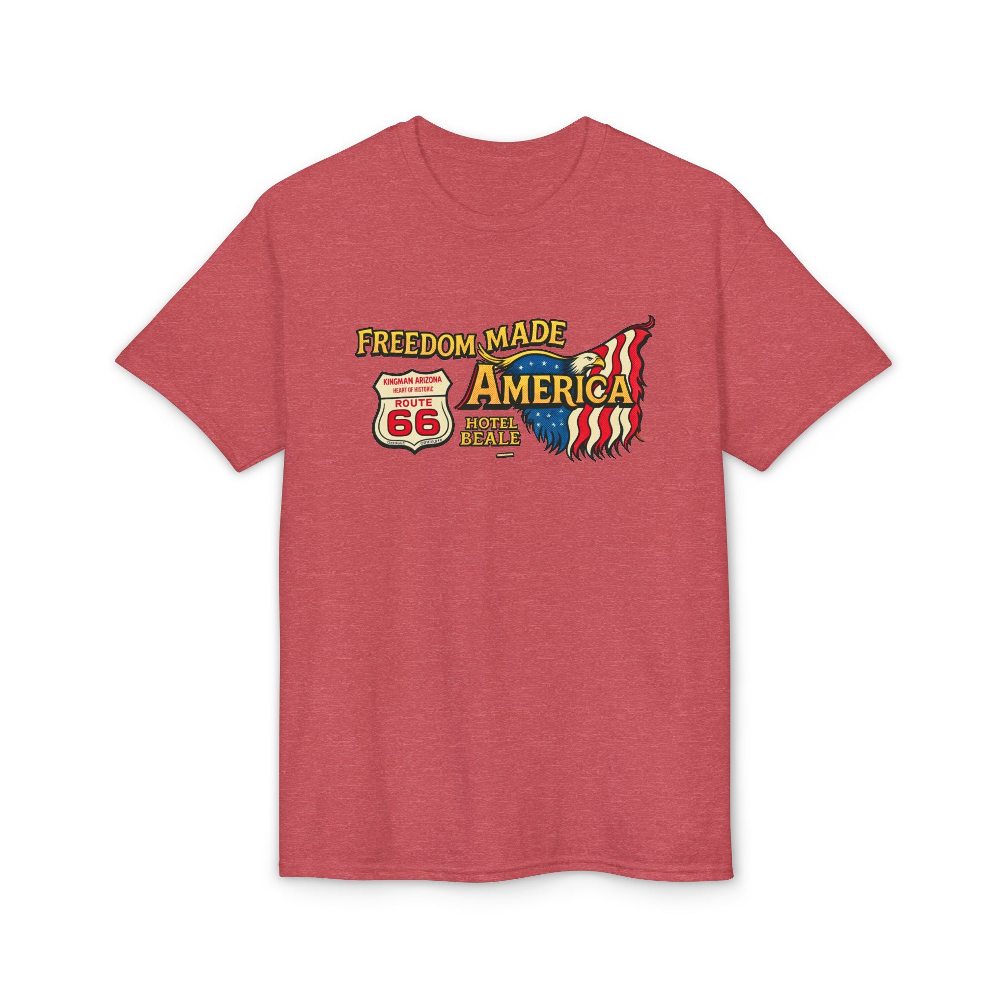 Freedom Made America Route 66 Karte T-Shirt | Amerikanische Flagge Straßenrand-Grafik