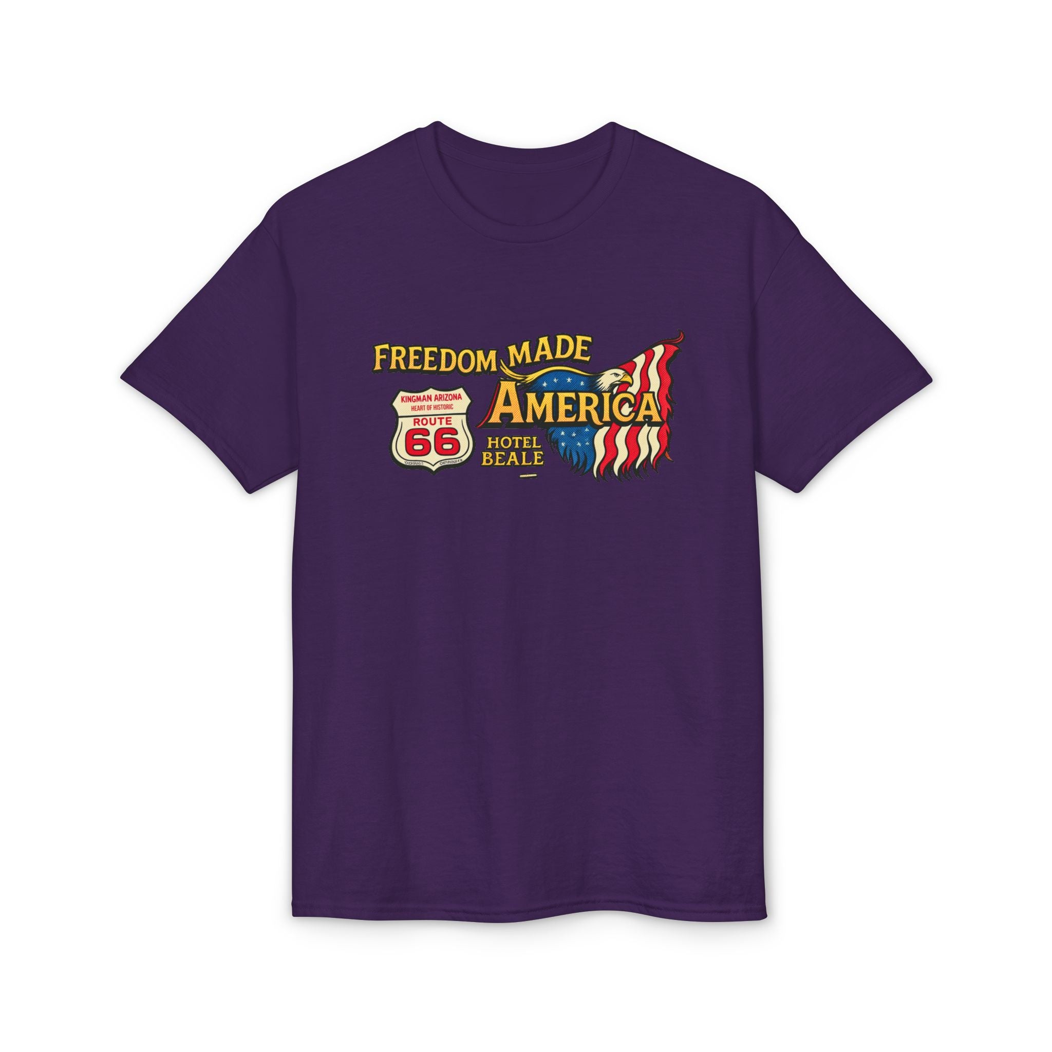 Freedom Made America Route 66 Karte T-Shirt | Amerikanische Flagge Straßenrand-Grafik