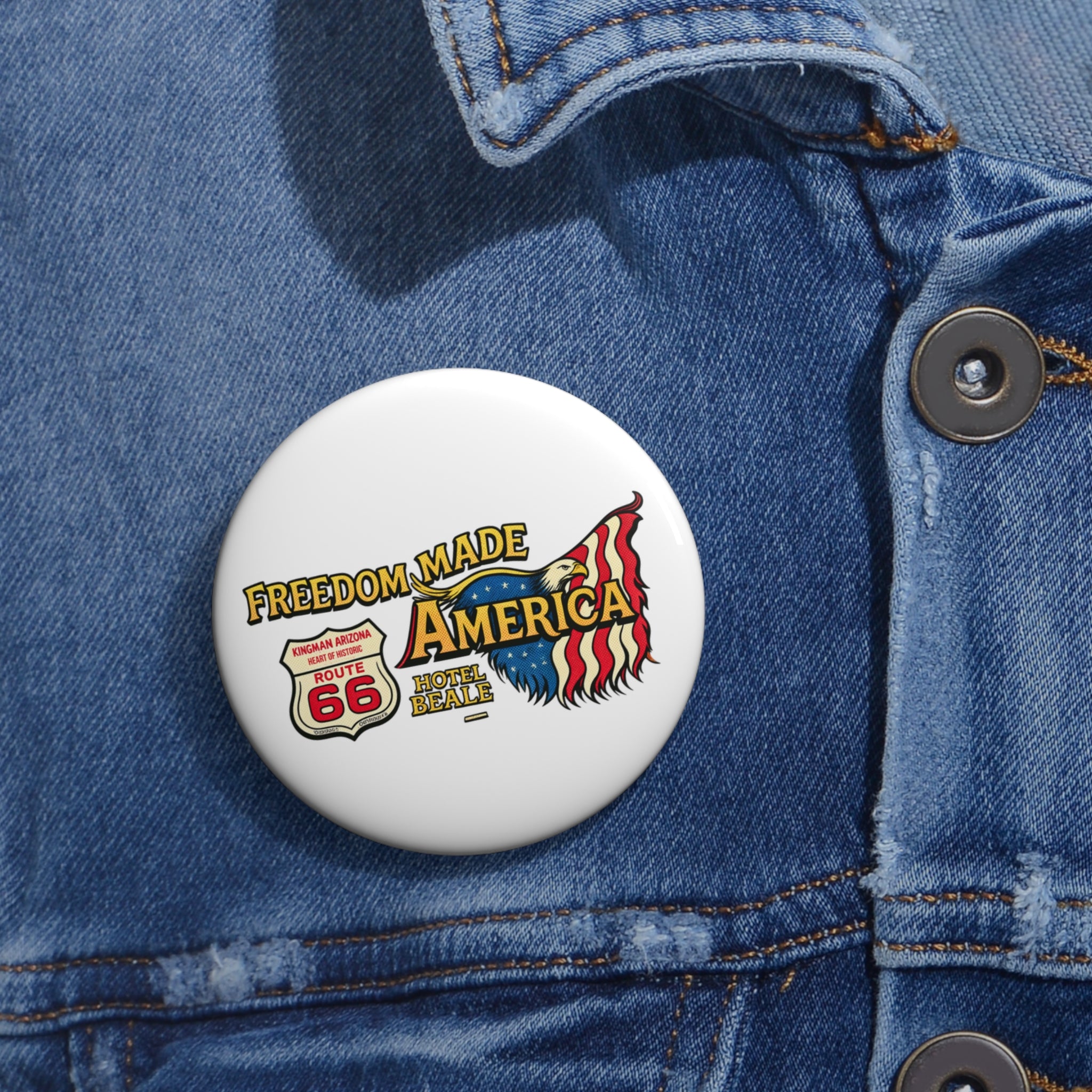 Freedom Made America Pin Button | Route 66 Flag Patriotic Badge