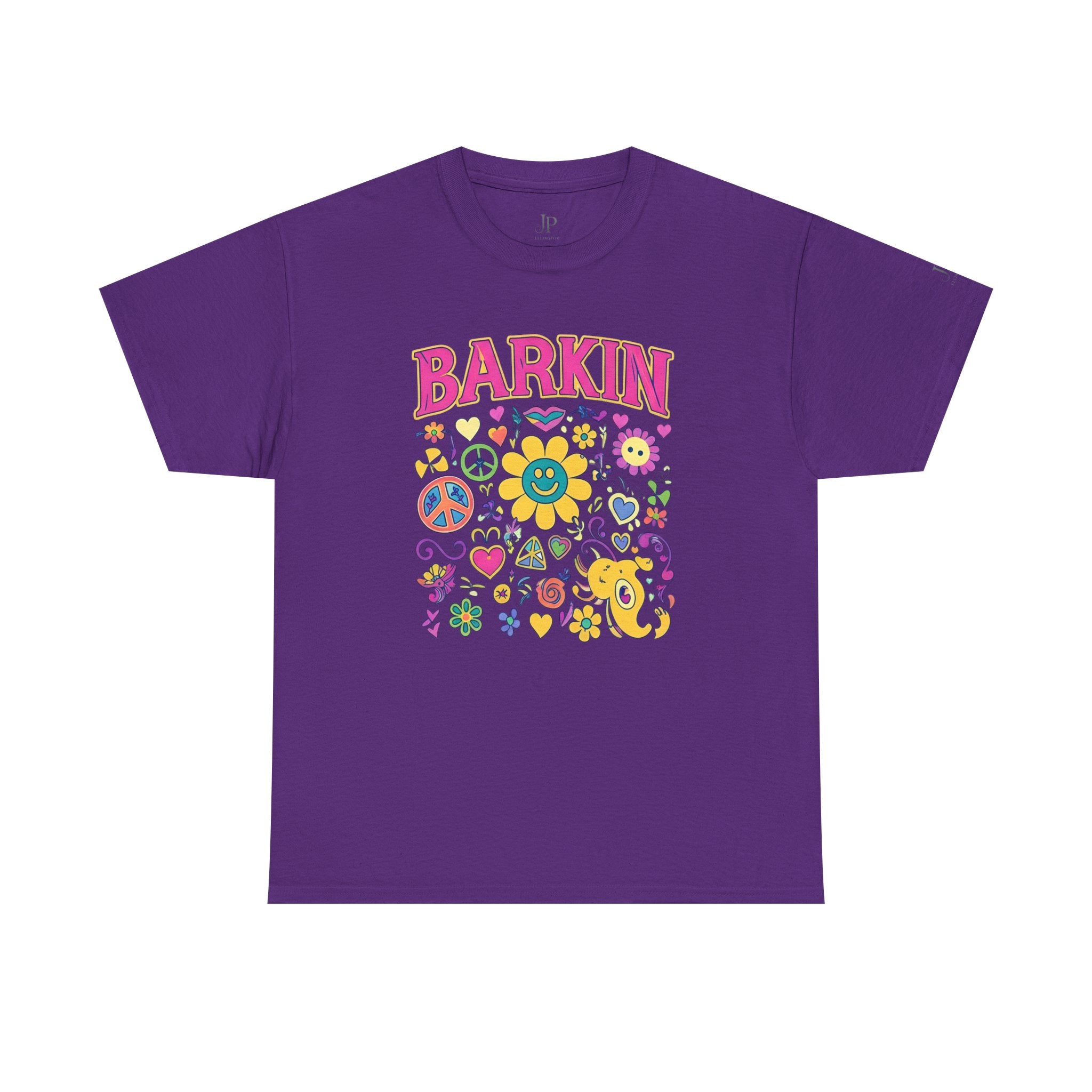 Barkin retro floral dog design T-Shirt | 70s cartoon flowers peace signs, JP Ellington Edition