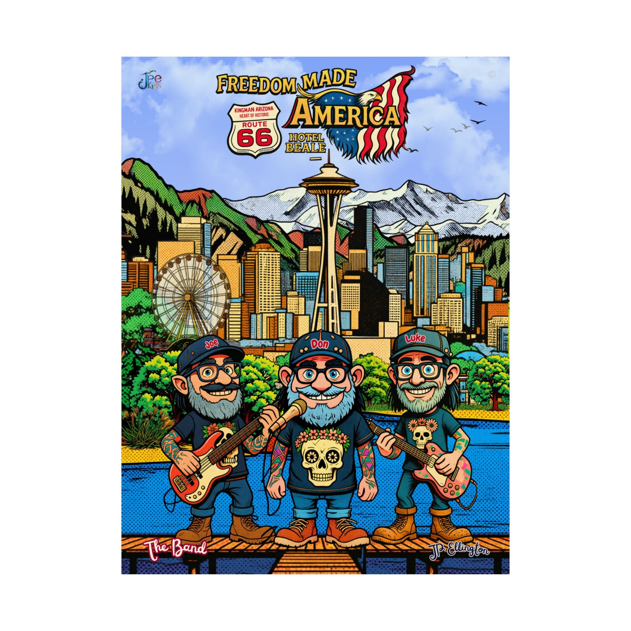 Freedom Made America Poster | Seattle Band Cartoon Skyline Route 66