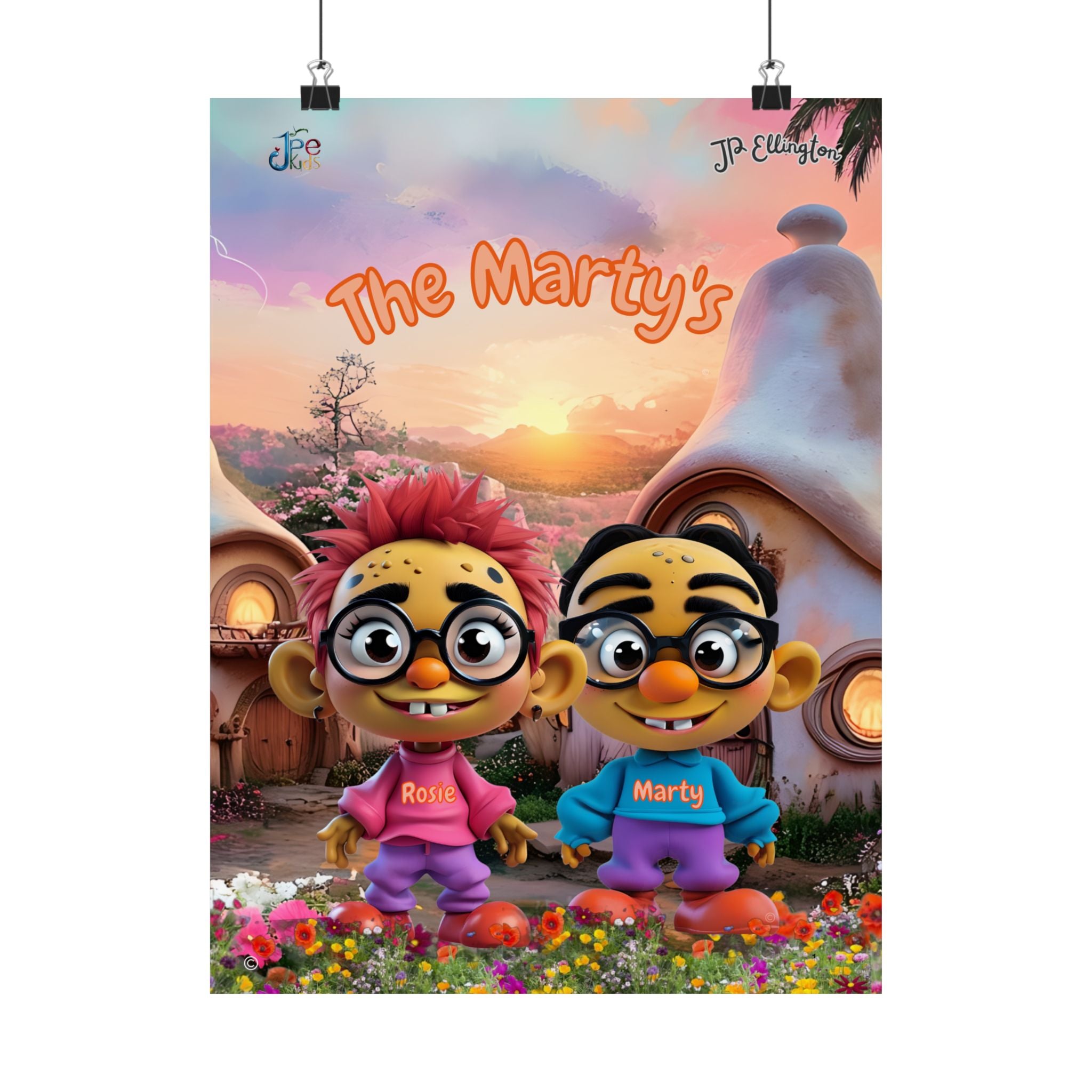 The Martys Characters Matte Poster | Cute Cartoon Twins, Sunset Village Scene