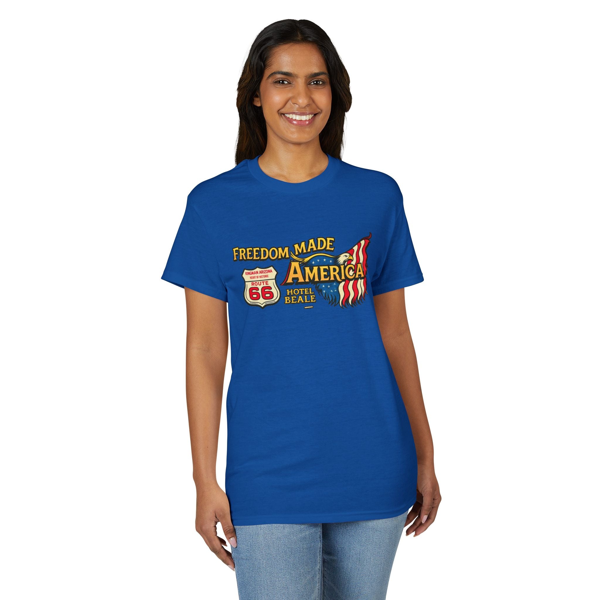 Freedom Made America Route 66 Map T-Shirt | American Flag Roadside Graphic