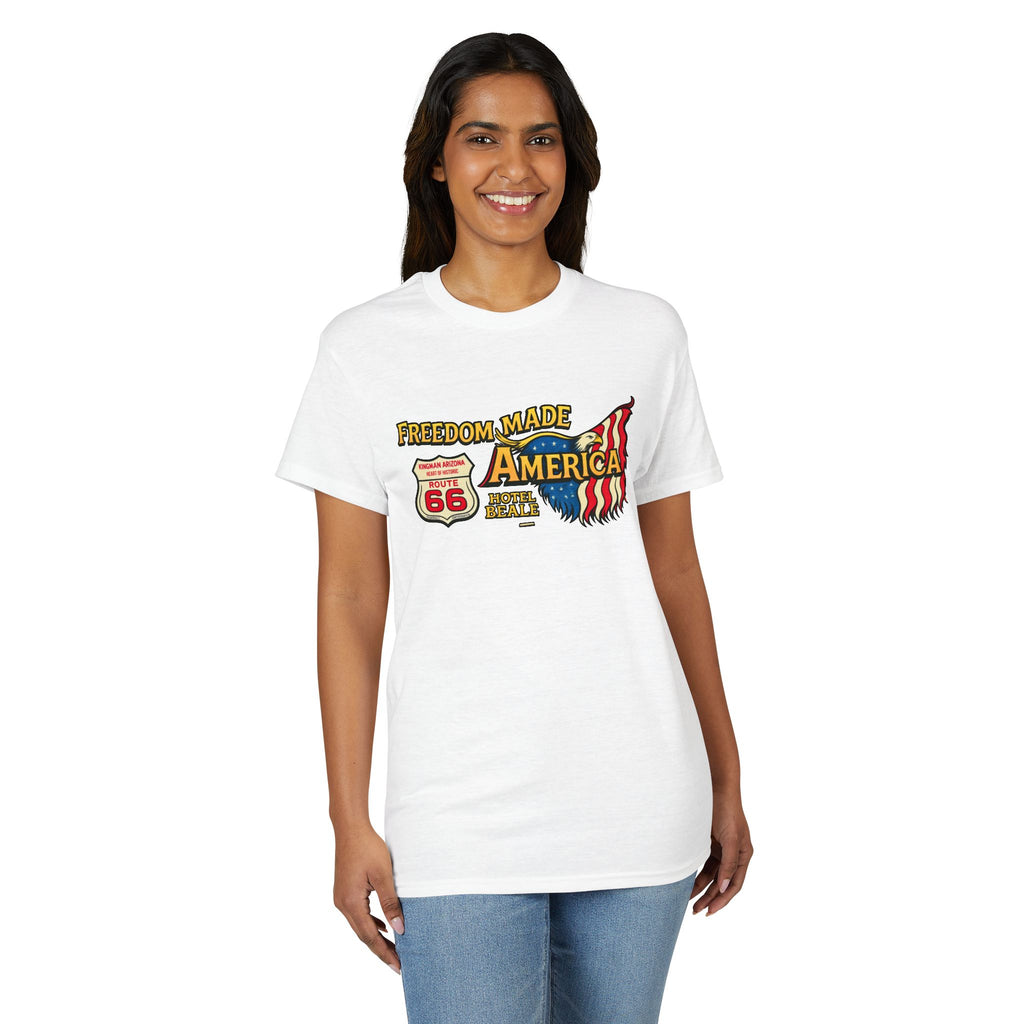 Freedom Made America Route 66 Map T-Shirt | American Flag Roadside Graphic