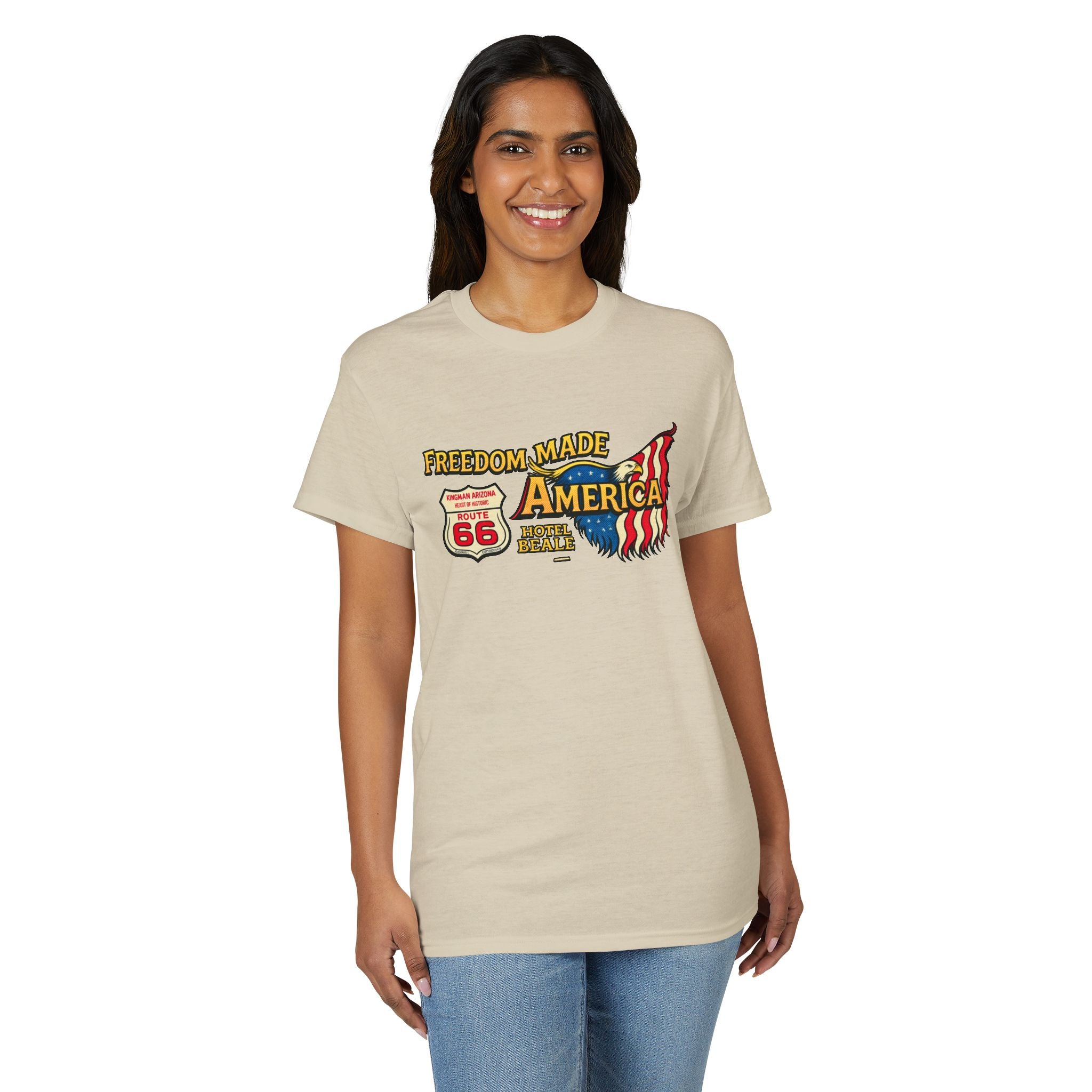Freedom Made America Route 66 Map T-Shirt | American Flag Roadside Graphic