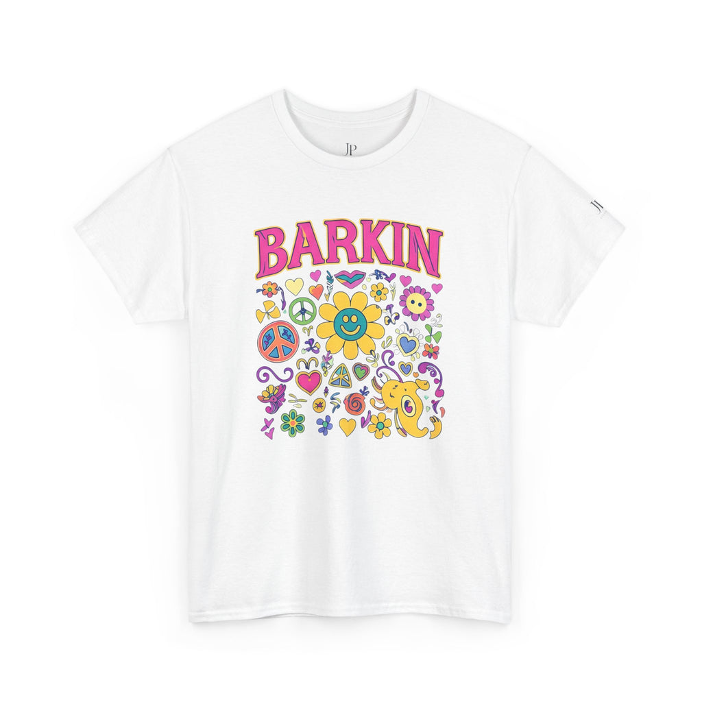 Barkin retro floral dog design T-Shirt | 70s cartoon flowers peace signs, JP Ellington Edition