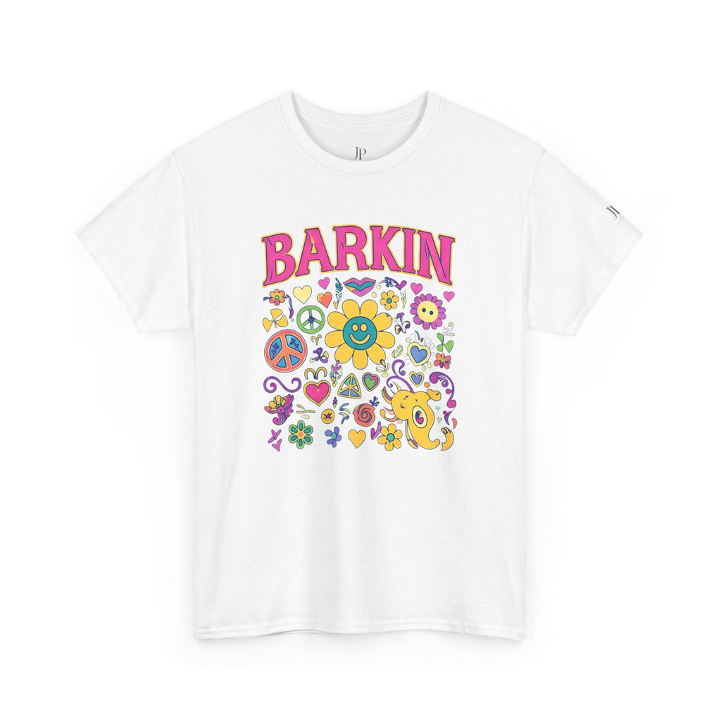 Barkin retro floral dog design T-Shirt | 70s cartoon flowers peace signs, JP Ellington Edition