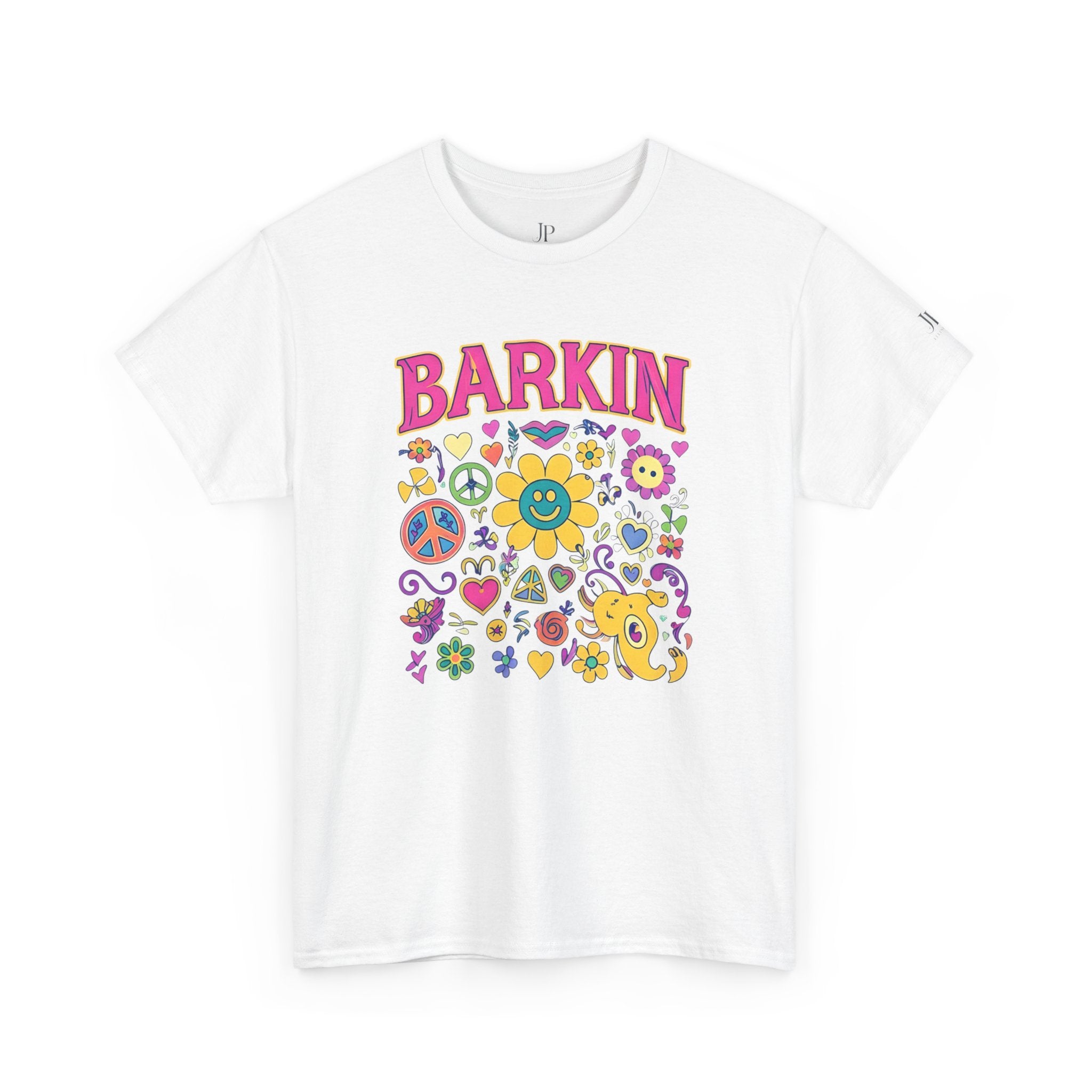 Barkin retro floral dog design T-Shirt | 70s cartoon flowers peace signs, JP Ellington Edition