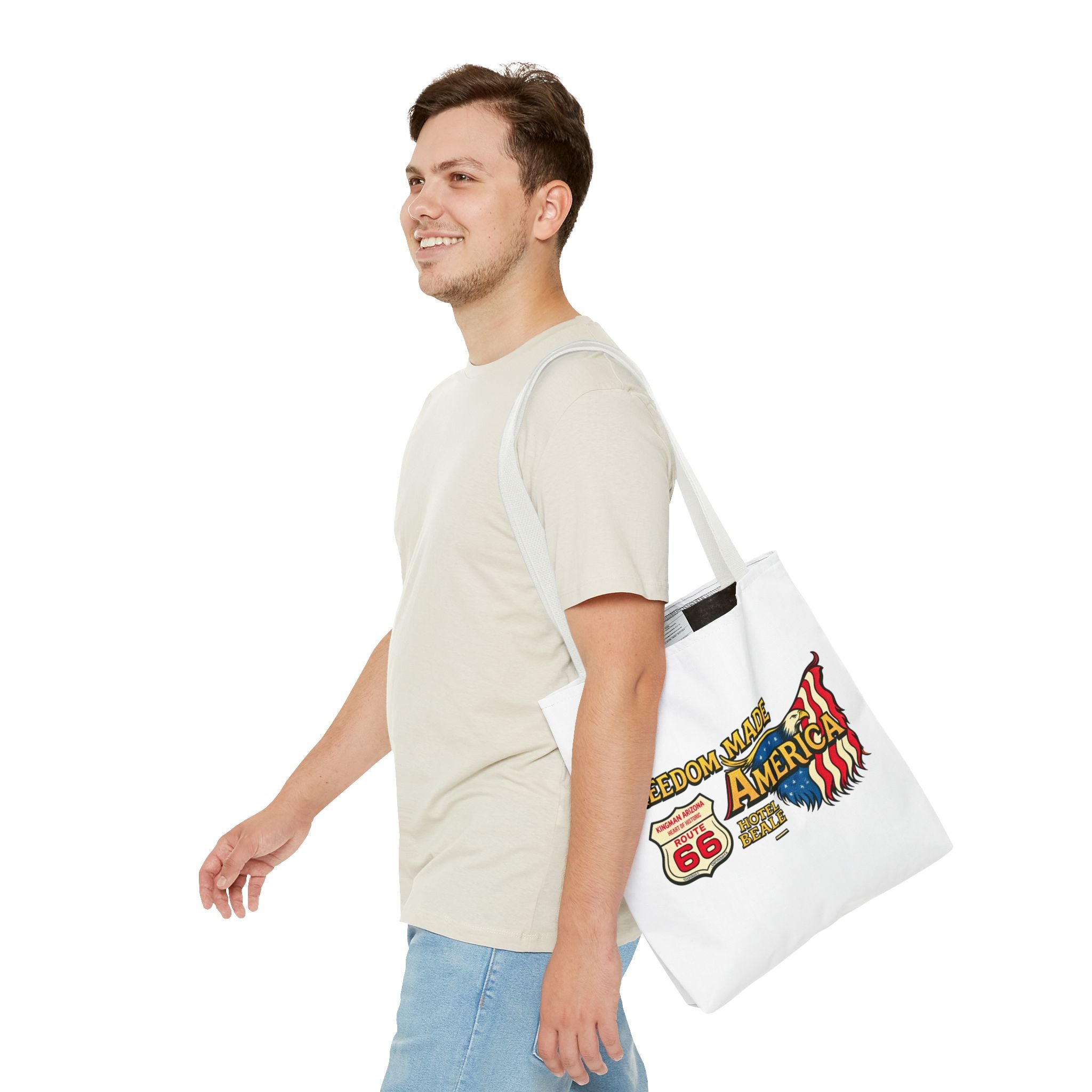 Freedom Made America Tote Bag | Route 66 Flag Graphic