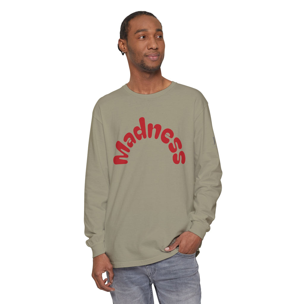 Madness Arch Logo long sleeve tee | White shirt with red retro text