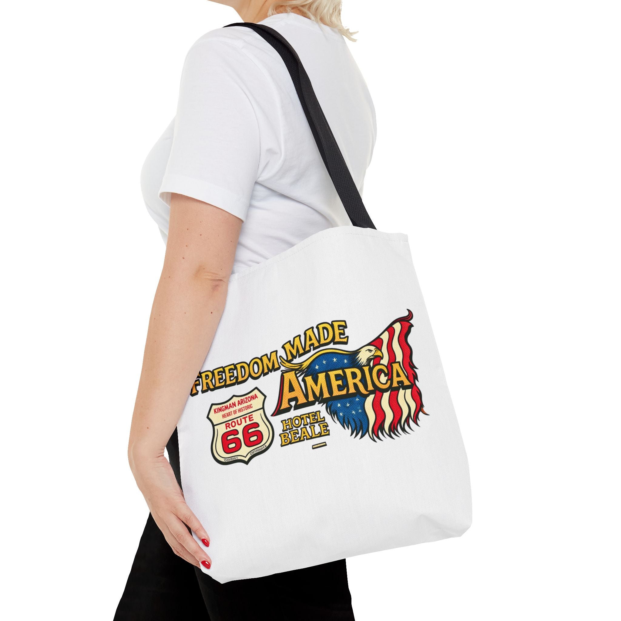 Freedom Made America Tote Bag | Route 66 Flag Graphic