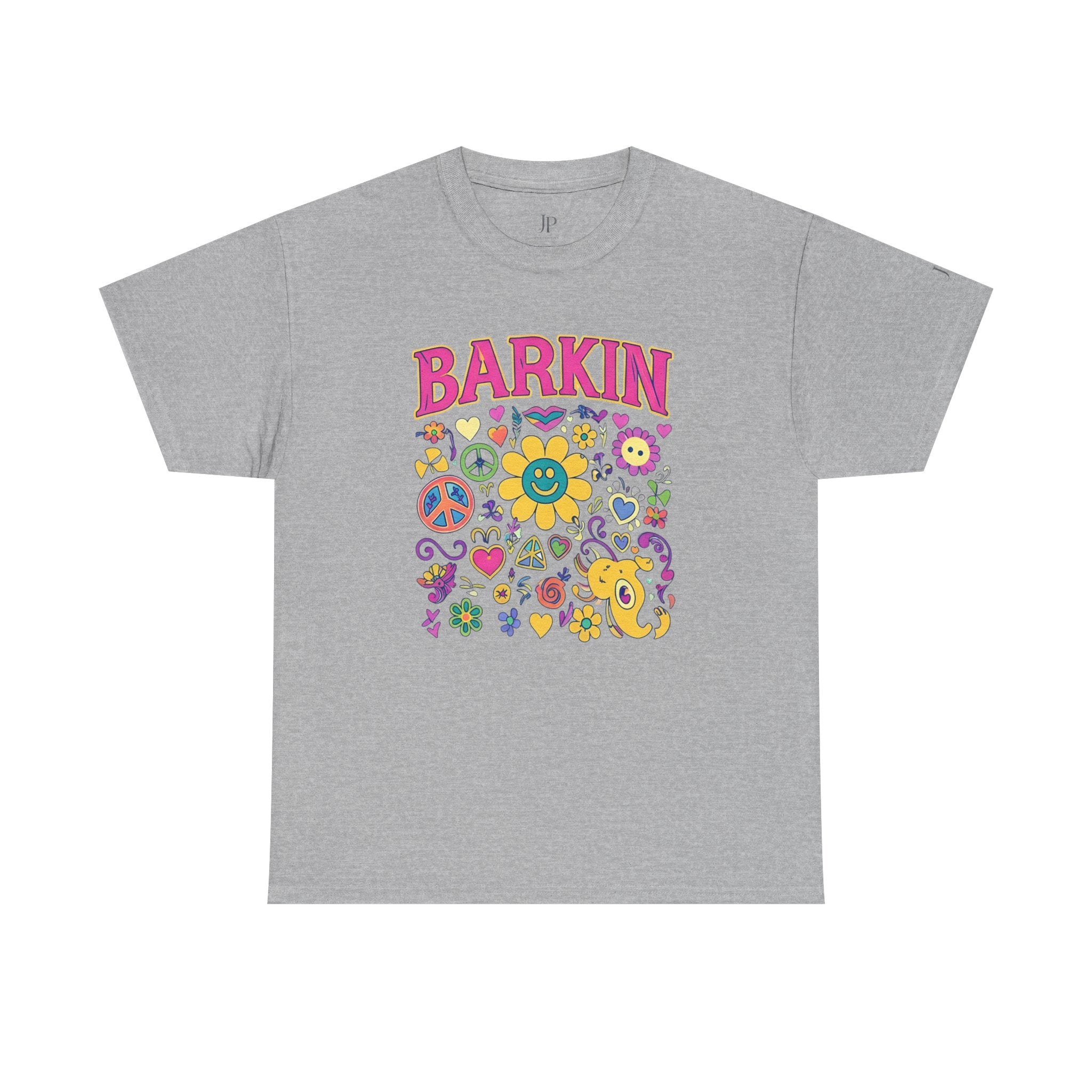 Barkin retro floral dog design T-Shirt | 70s cartoon flowers peace signs, JP Ellington Edition