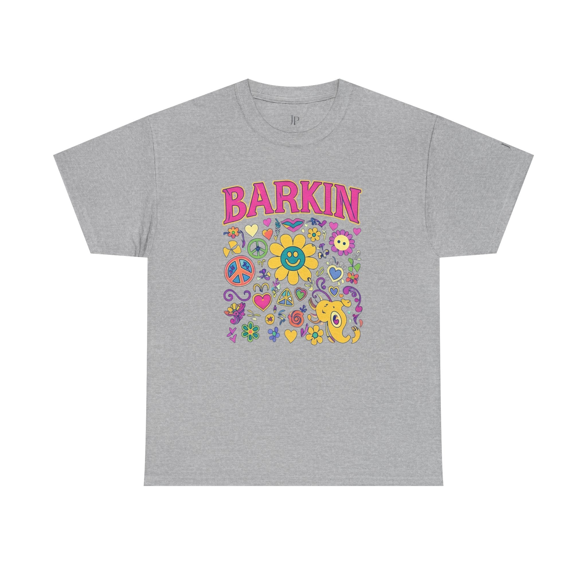 T-Shirt mit Retro-Blumen-Hundedesign „Barkin“ | Blumen und Friedenszeichen im 70er-Jahre-Cartoon-Stil, JP Ellington Edition