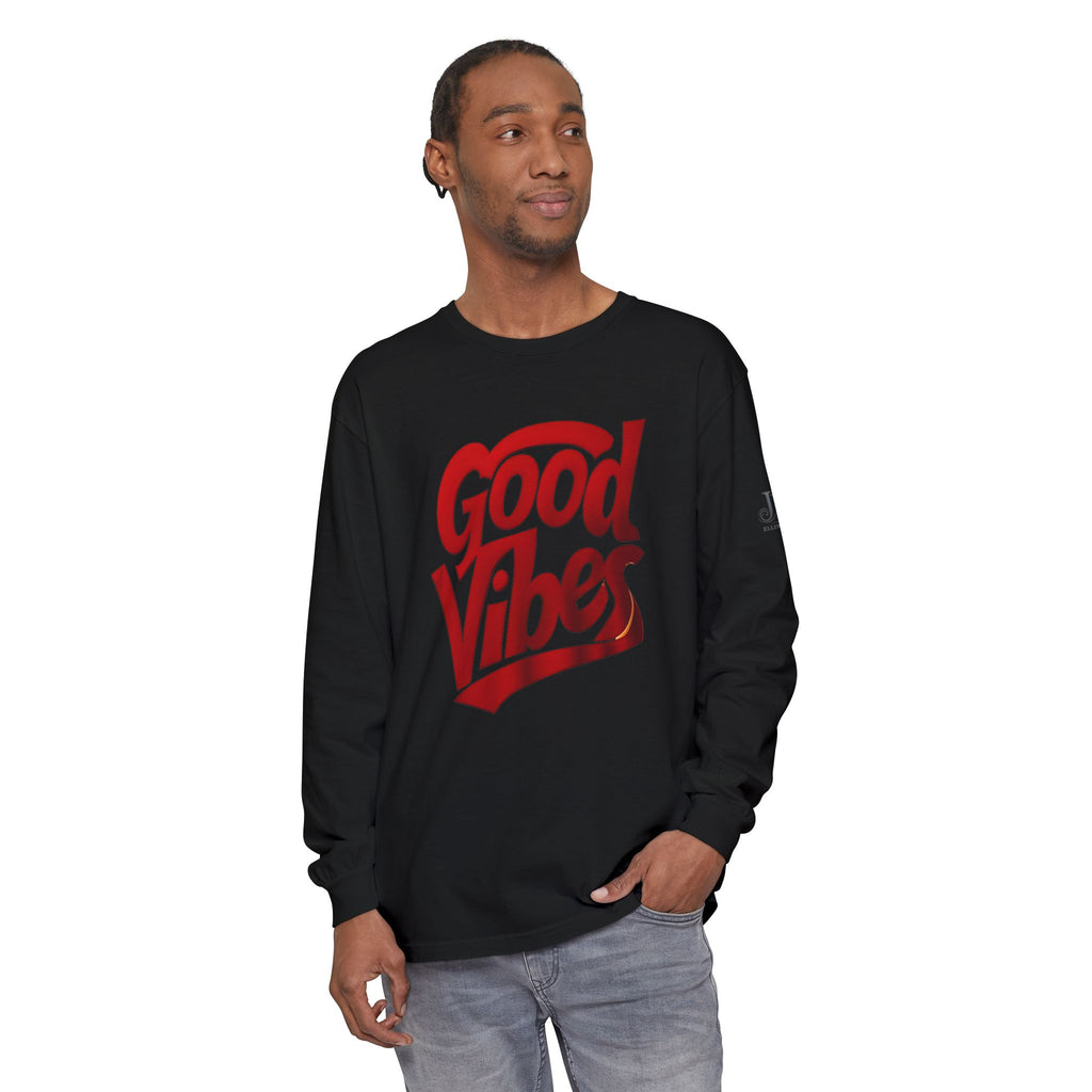 Good Vibes script graphic Long Sleeve Tee | White, Red lettering