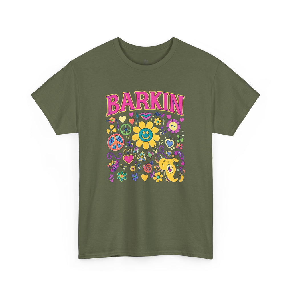 Barkin retro floral dog design T-Shirt | 70s cartoon flowers peace signs, JP Ellington Edition