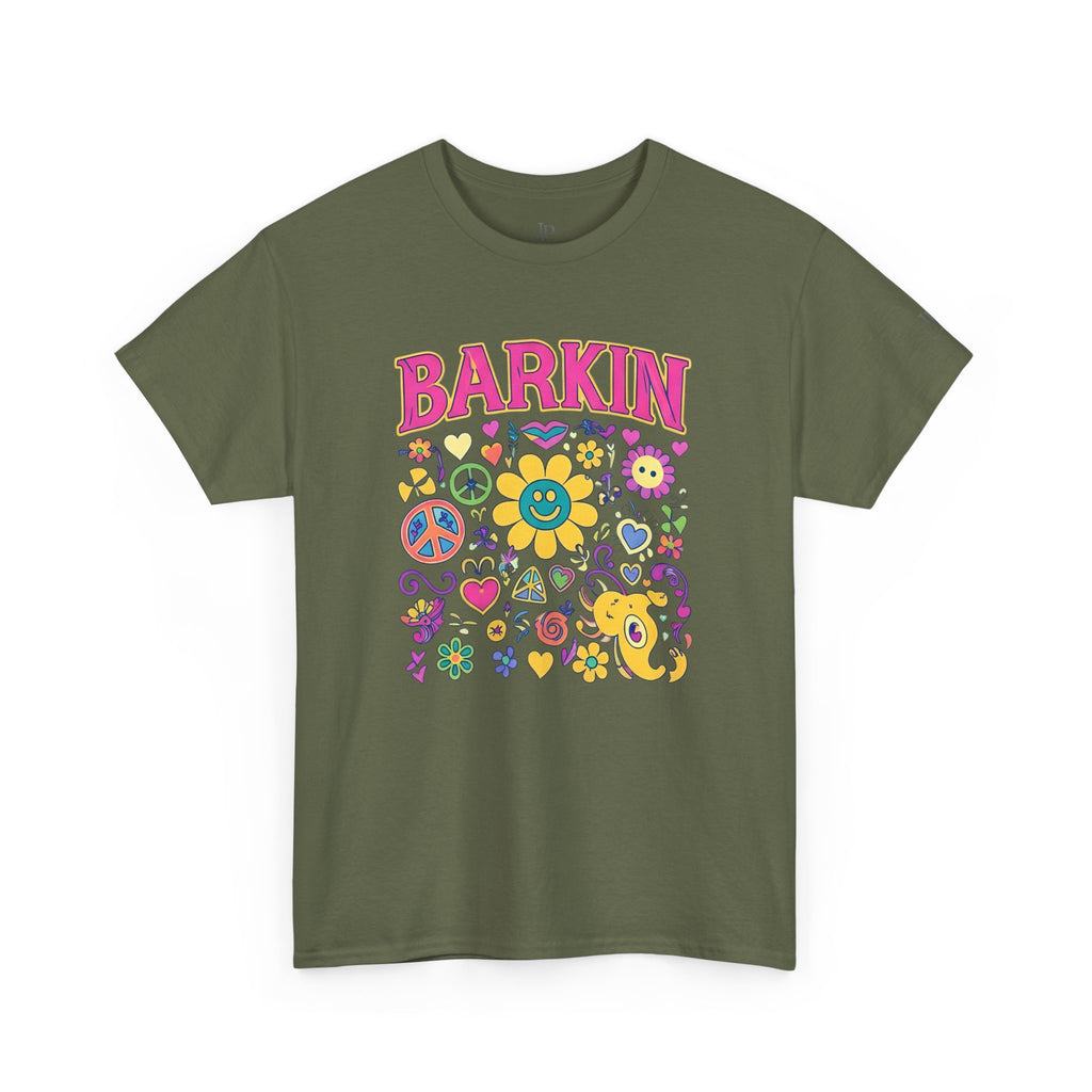 Barkin retro floral dog design T-Shirt | 70s cartoon flowers peace signs, JP Ellington Edition