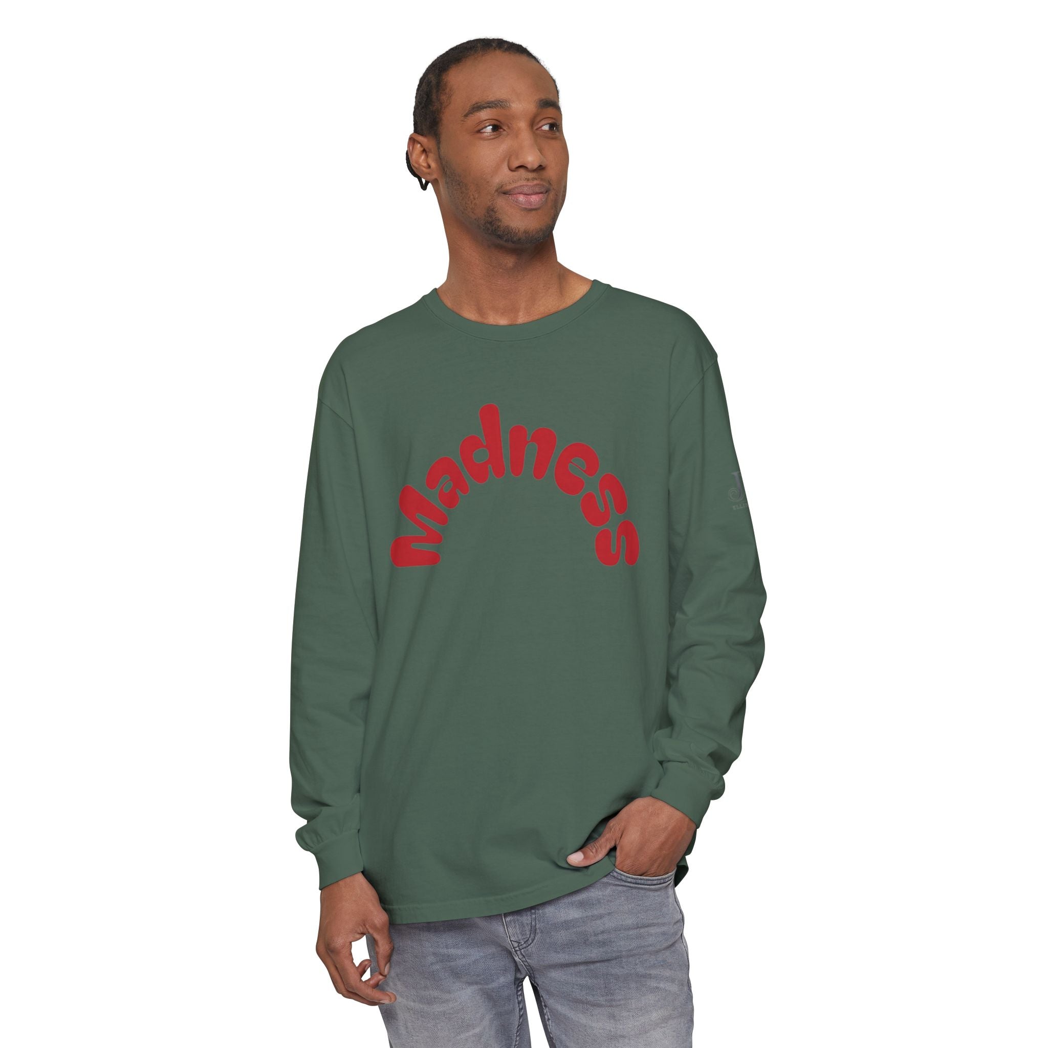 Madness Arch Logo long sleeve tee | White shirt with red retro text