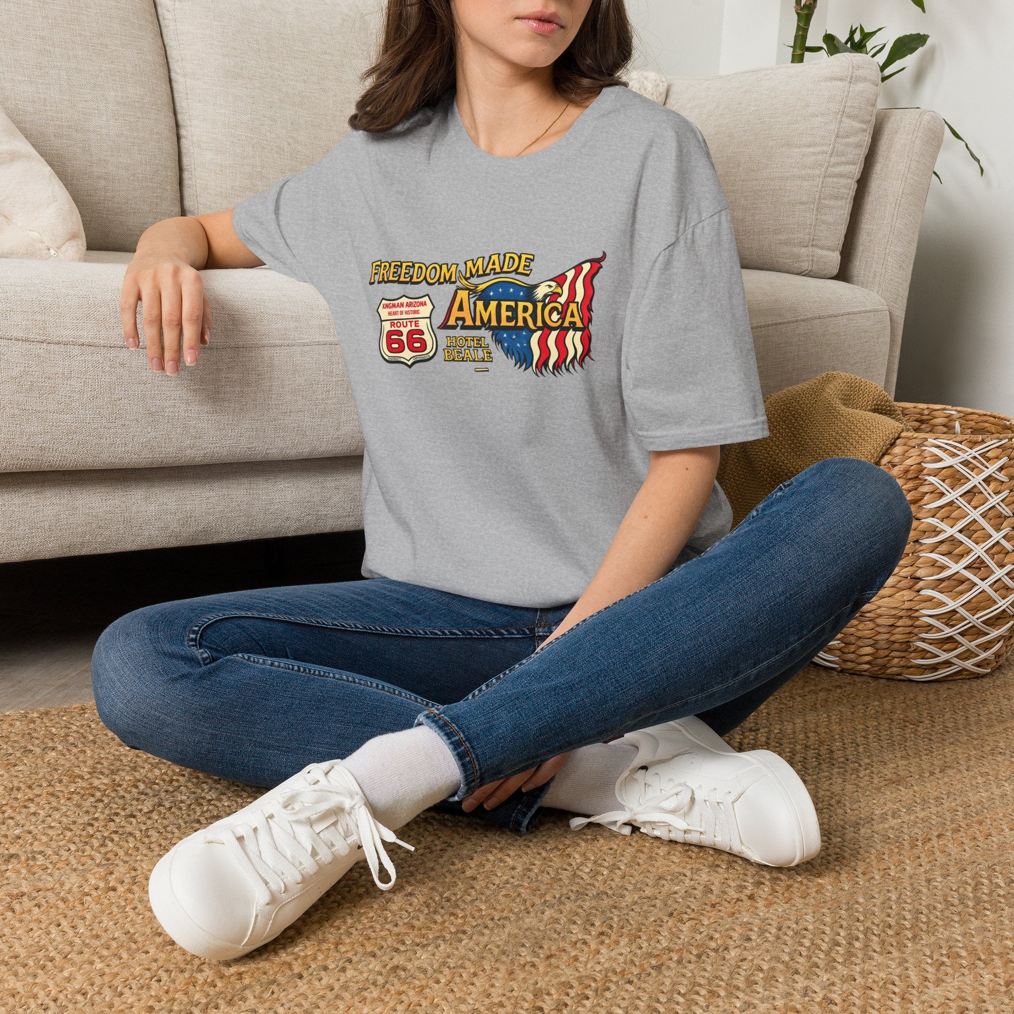 Freedom Made America T-Shirt | Route 66 Flag Graphic