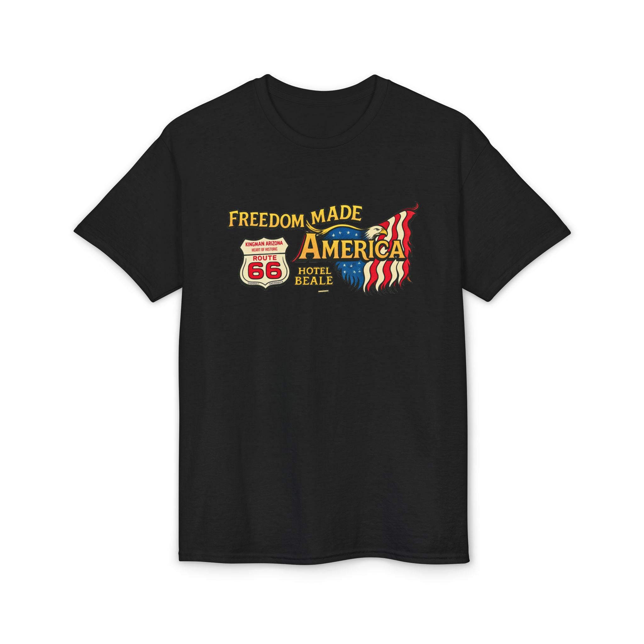 Freedom Made America Route 66 Map T-Shirt | American Flag Roadside Graphic