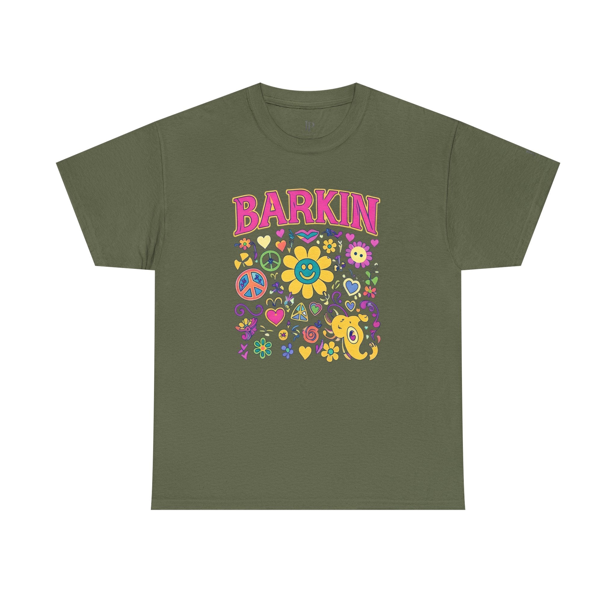 Barkin retro floral dog design T-Shirt | 70s cartoon flowers peace signs, JP Ellington Edition