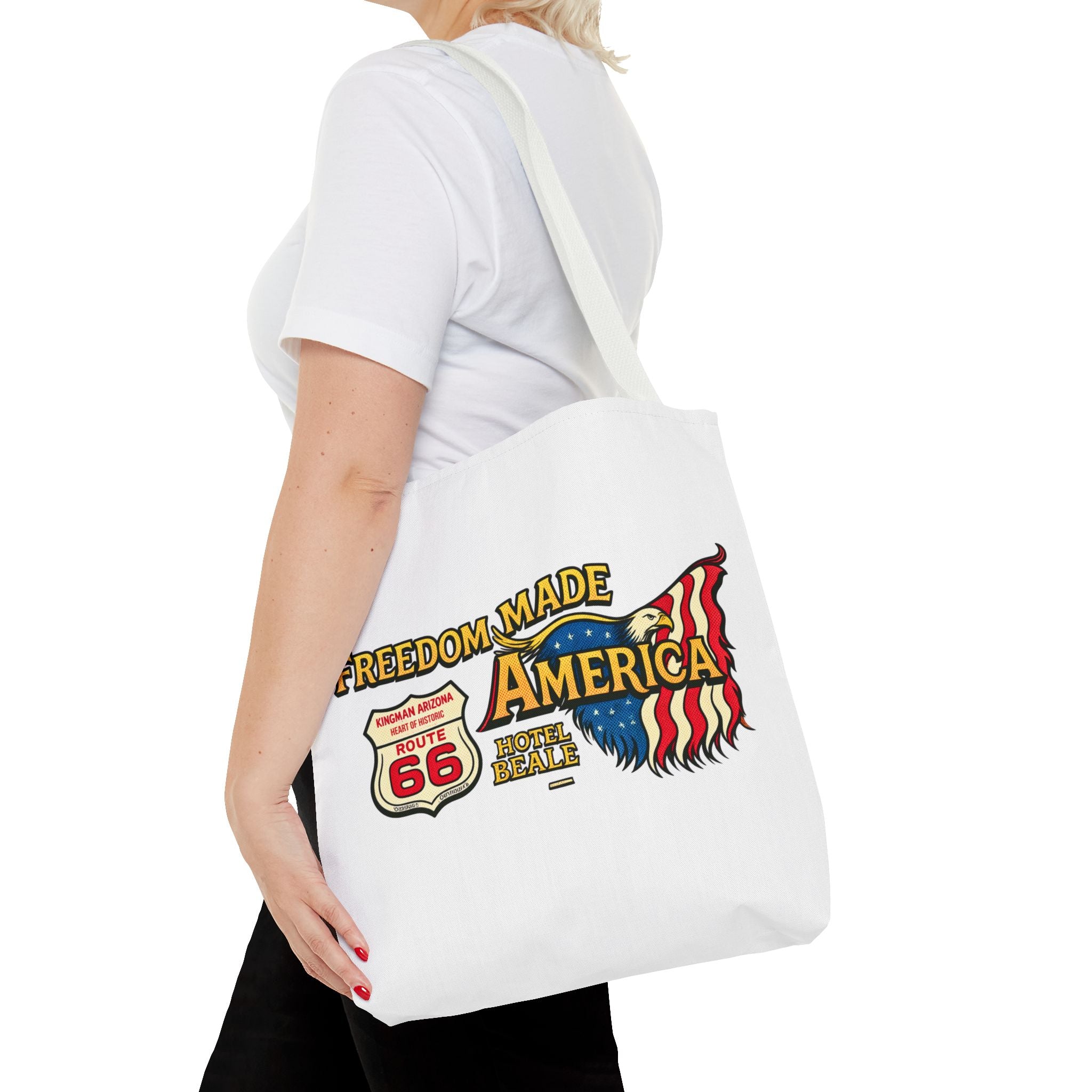 Freedom Made America Tote Bag | Route 66 Flag Graphic