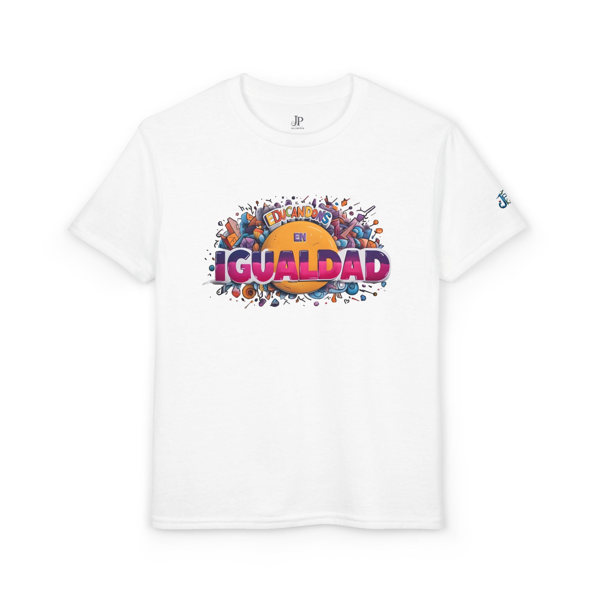 Gleichheit Grafik-Jugend-T-Shirt | Gleichheit Spanischer Text, Buntes Menschenmengen-Design, JPE Kinder Edition