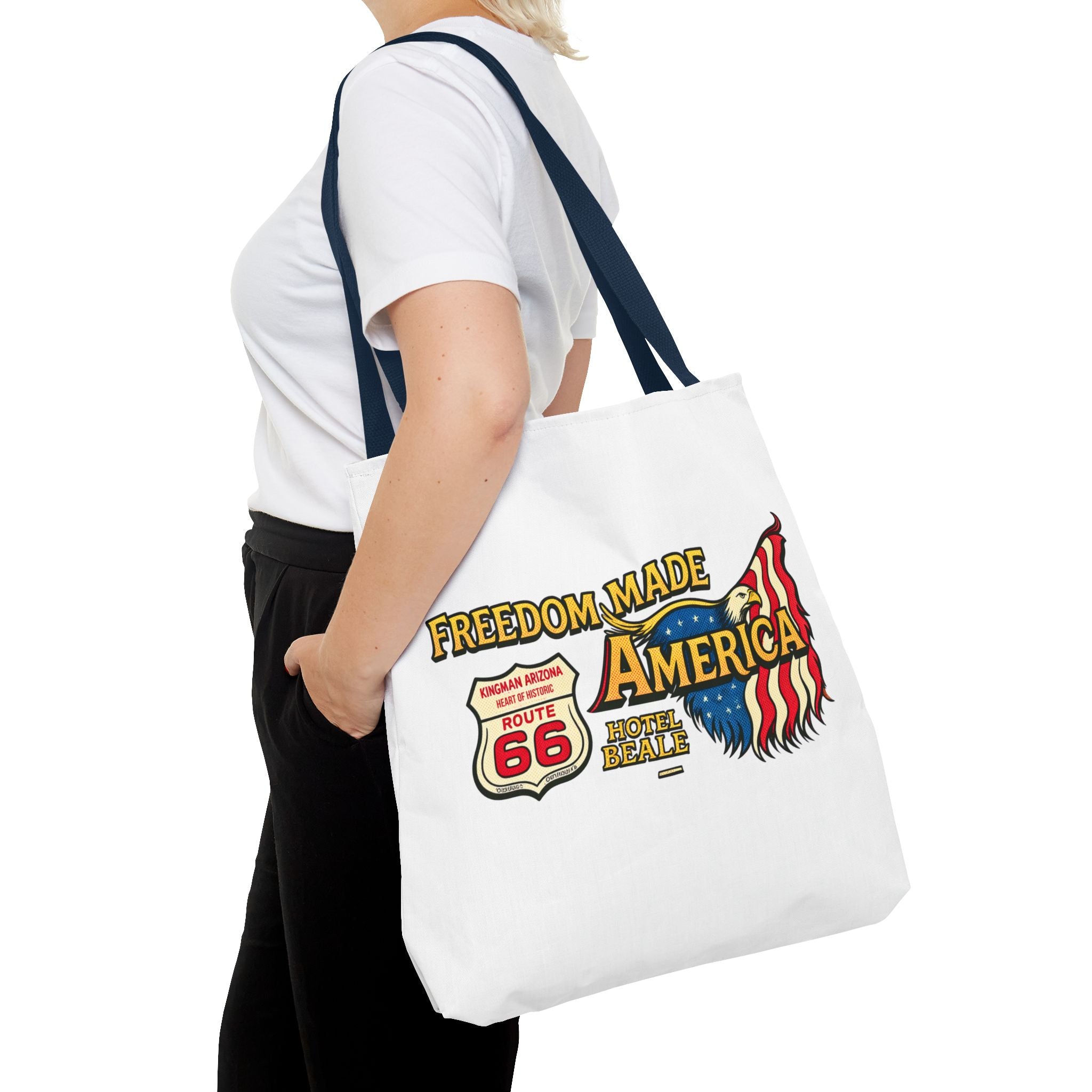 Freedom Made America Tote Bag | Route 66 Flag Graphic