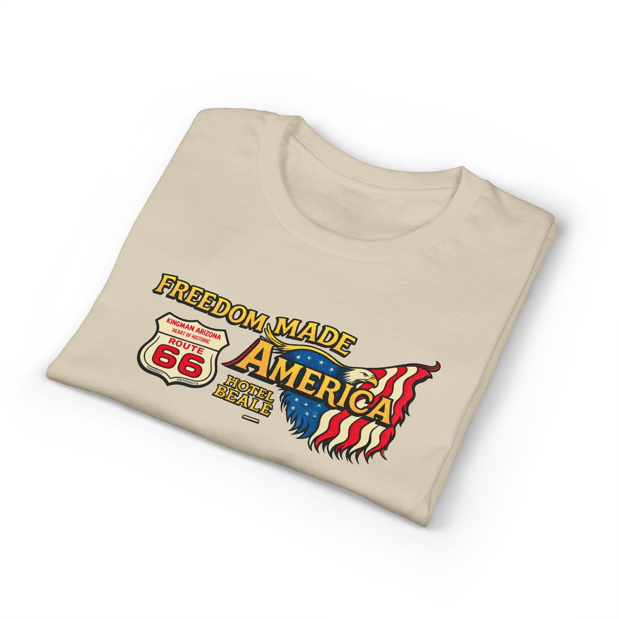 Freedom Made America Route 66 Map T-Shirt | American Flag Roadside Graphic