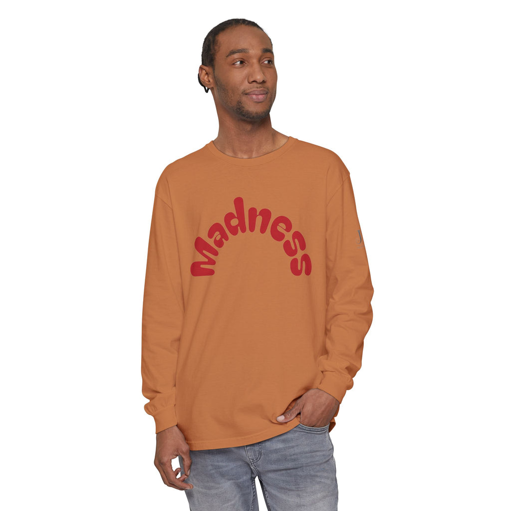 Madness Arch Logo long sleeve tee | White shirt with red retro text