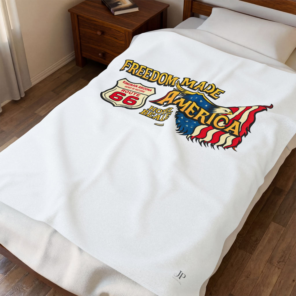 Freedom Made America Velveteen Plush Blanket | Route 66 Flag Eagle Design