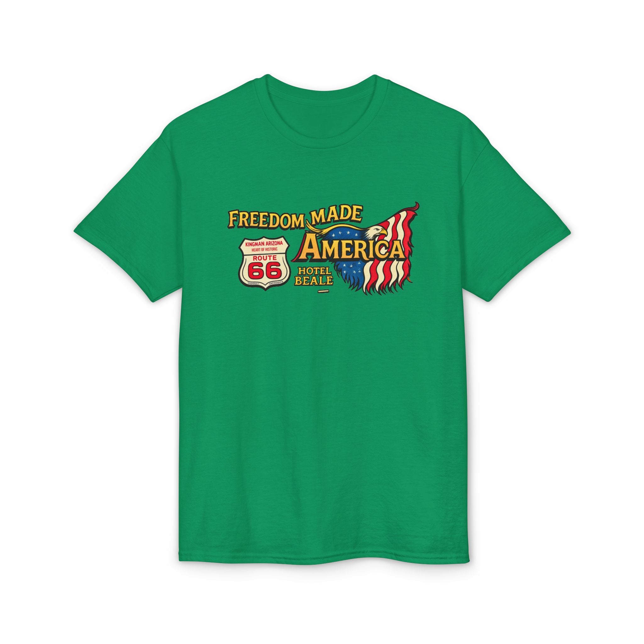 Freedom Made America Route 66 Karte T-Shirt | Amerikanische Flagge Straßenrand-Grafik
