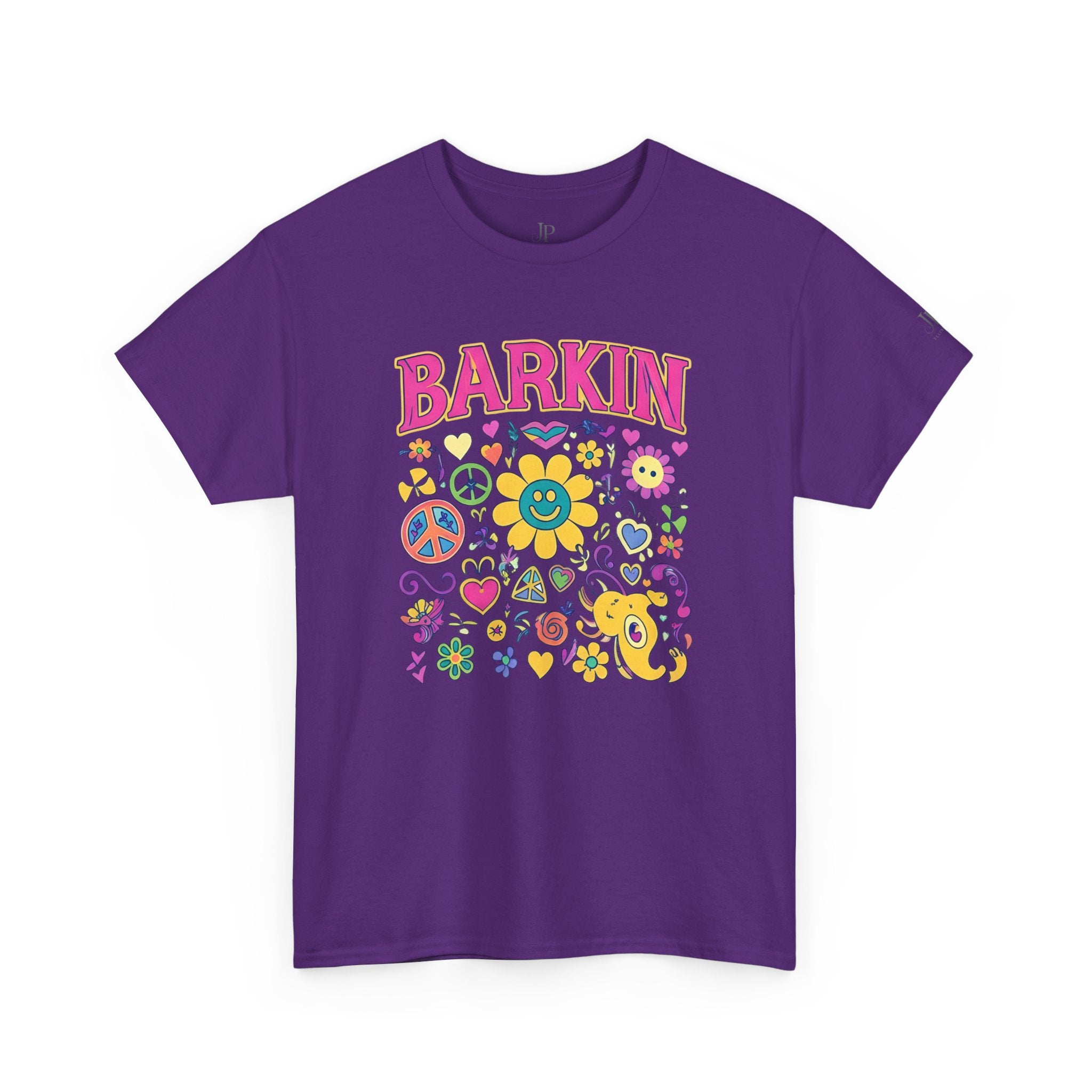 Barkin retro floral dog design T-Shirt | 70s cartoon flowers peace signs, JP Ellington Edition