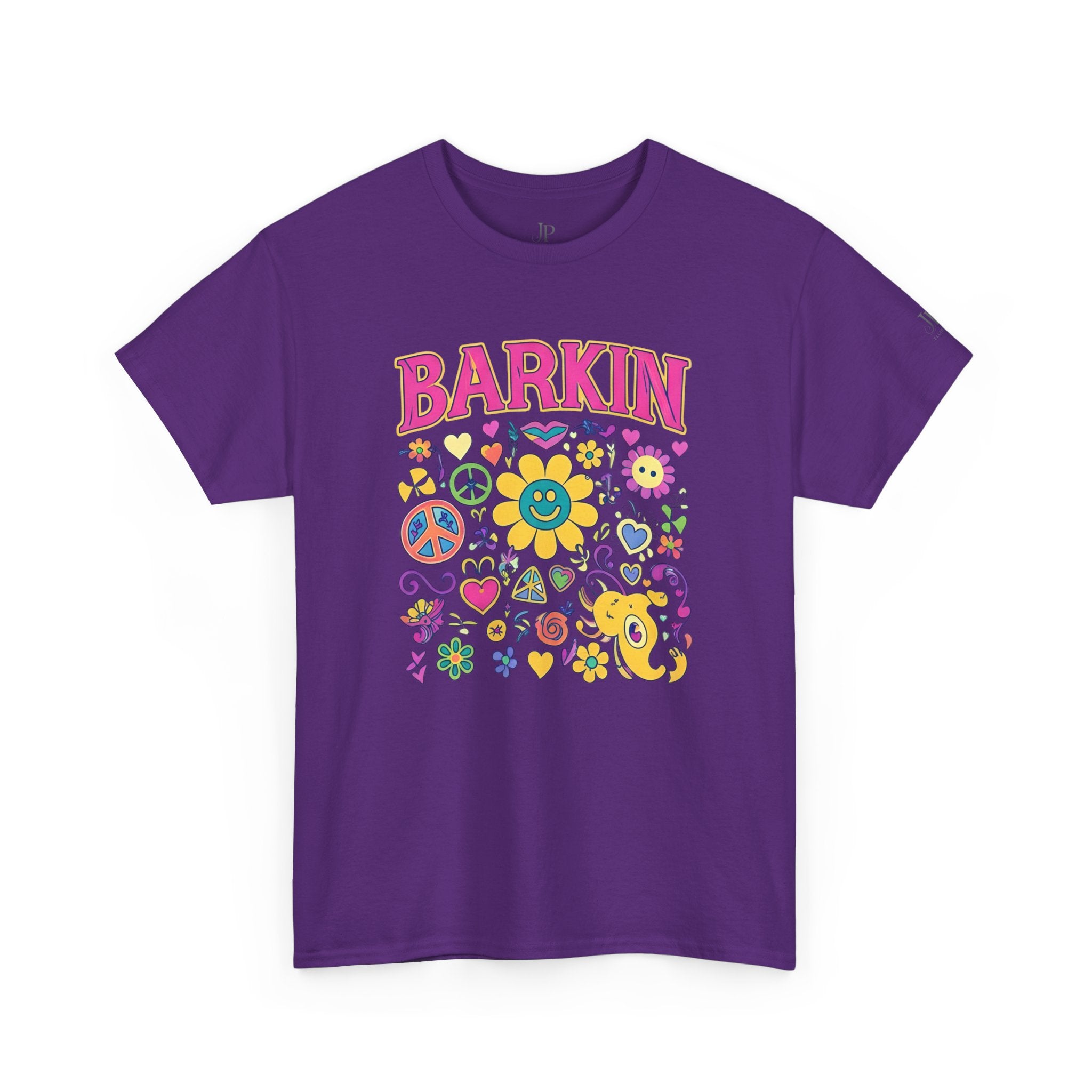 Barkin retro floral dog design T-Shirt | 70s cartoon flowers peace signs, JP Ellington Edition