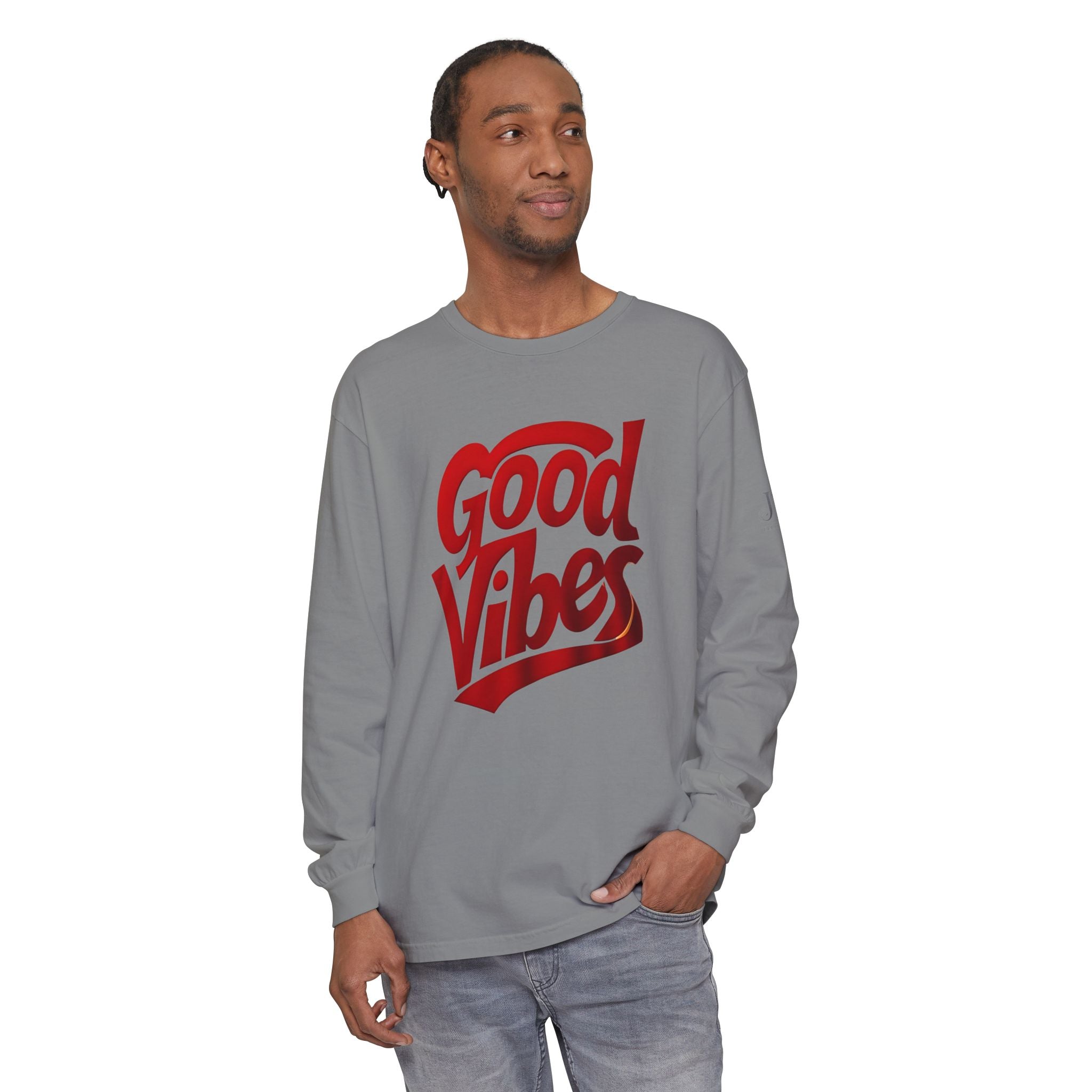Good Vibes script graphic Long Sleeve Tee | White, Red lettering