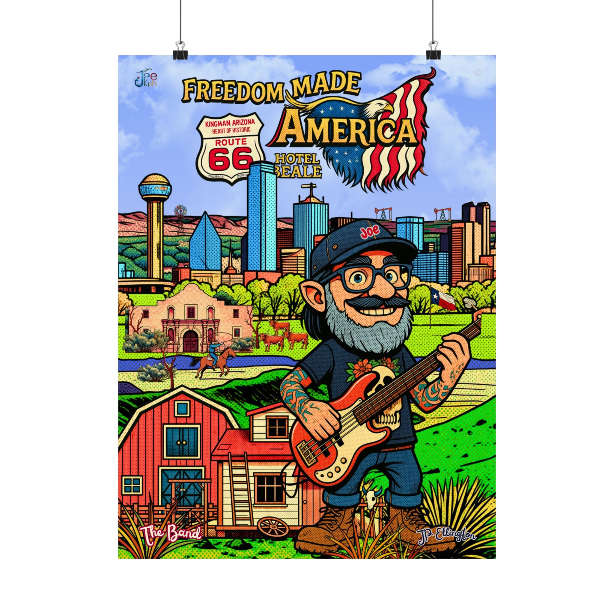 Freedom Made America Poster | Route 66 patriotic Dallas cityscape matte vertical poster