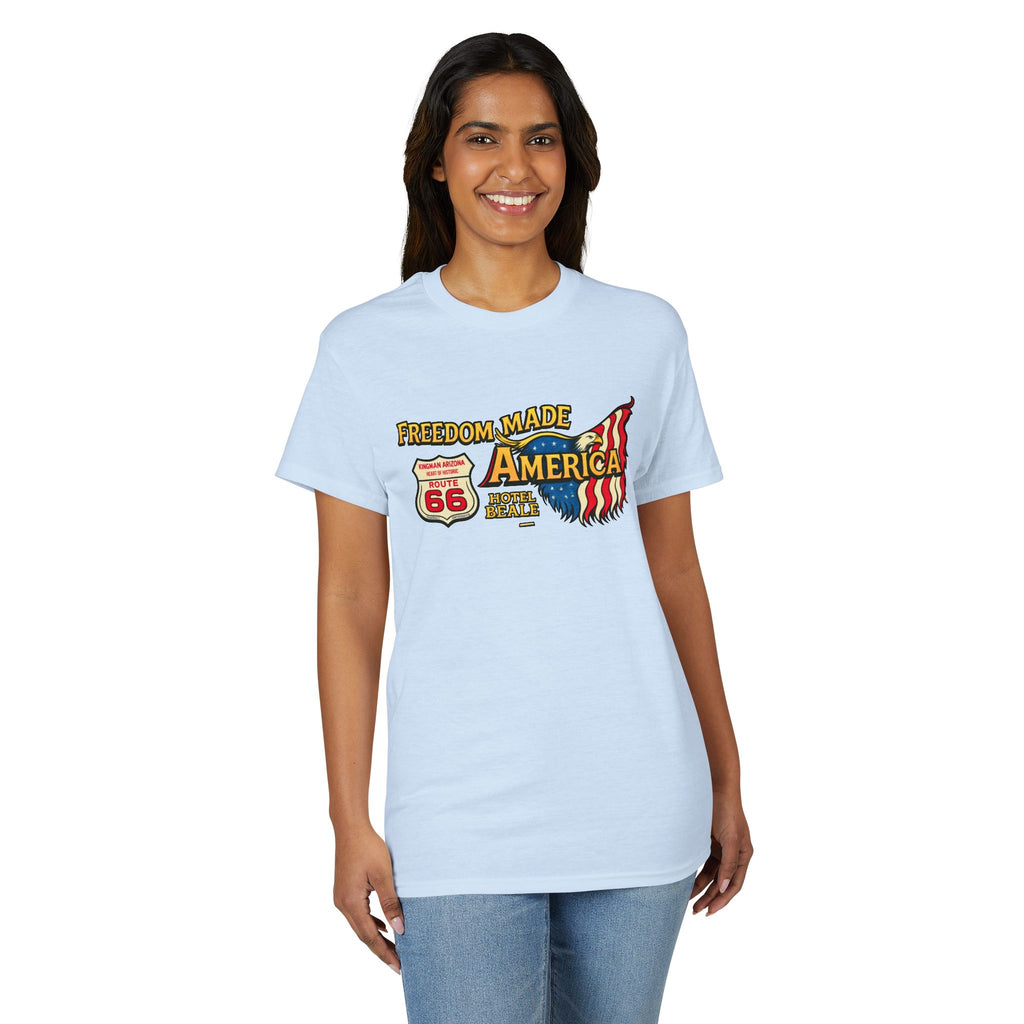 Freedom Made America Route 66 Map T-Shirt | American Flag Roadside Graphic
