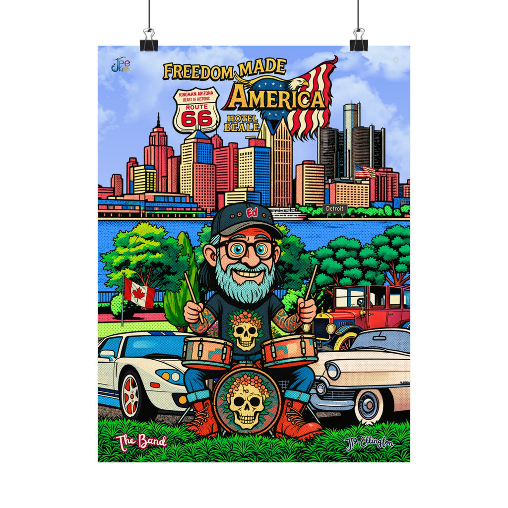 Freedom Made America poster Matte Vertical Poster |Detroit skyline, classic cars