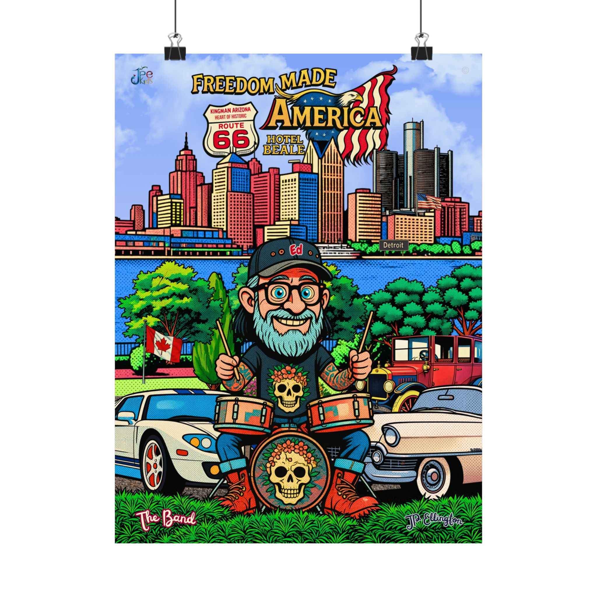 Freedom Made America poster Matte Vertical Poster |Detroit skyline, classic cars