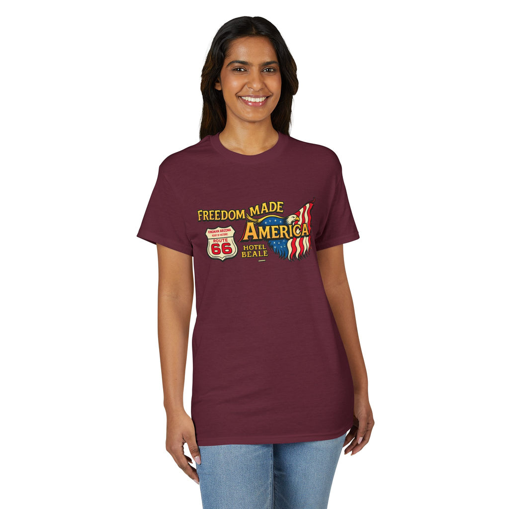 Freedom Made America Route 66 Map T-Shirt | American Flag Roadside Graphic