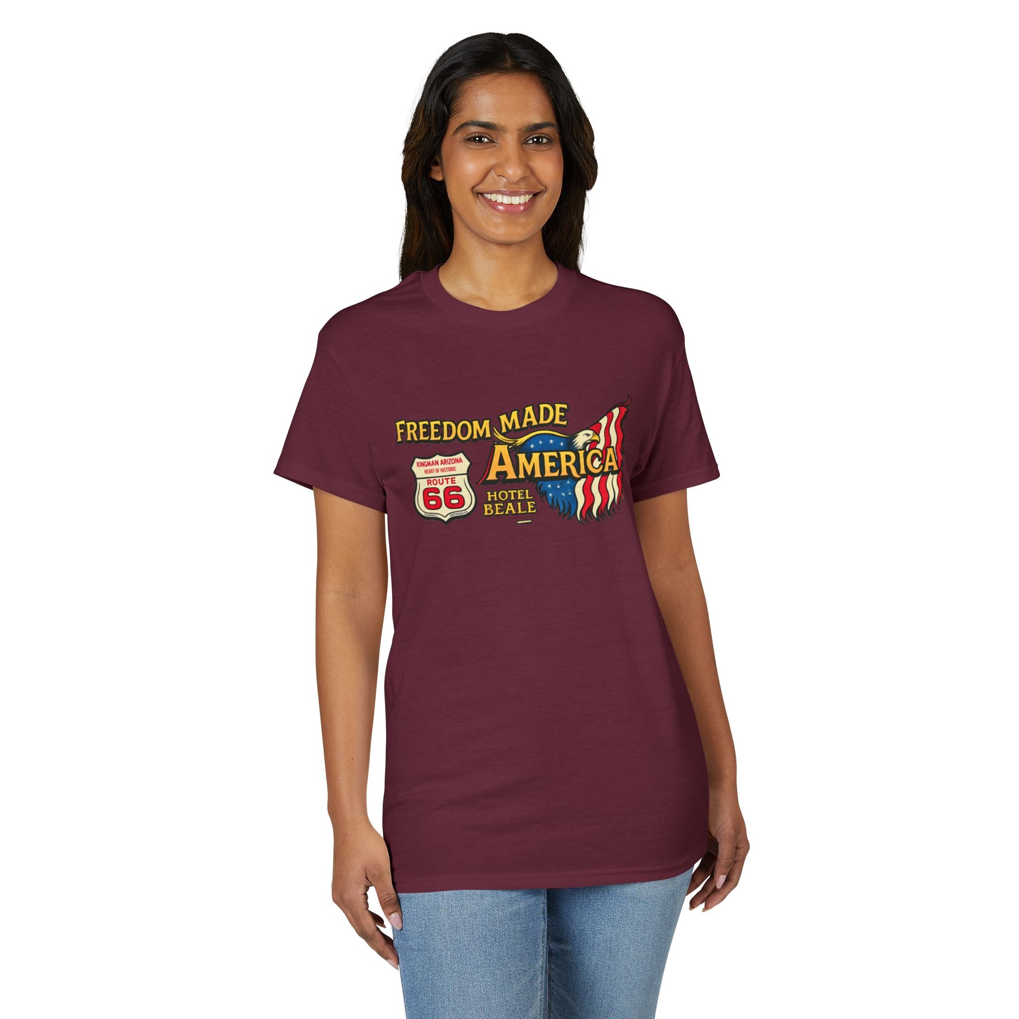 Freedom Made America Route 66 Map T-Shirt | American Flag Roadside Graphic