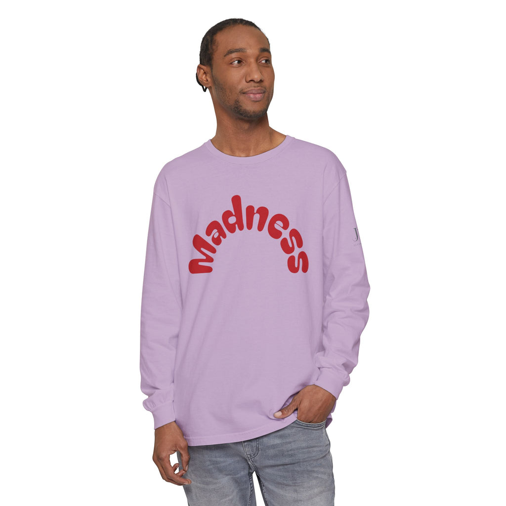 Madness Arch Logo long sleeve tee | White shirt with red retro text